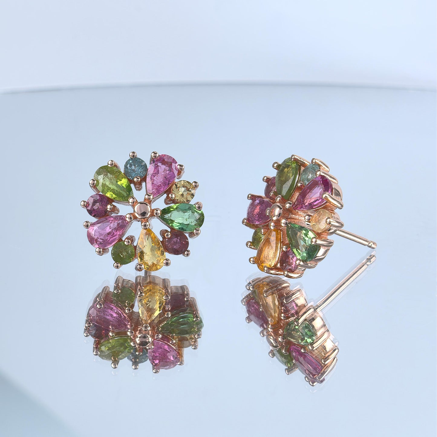Rose Gold Plated 925 Silver Natural Tourmaline Flower Stud Earrings