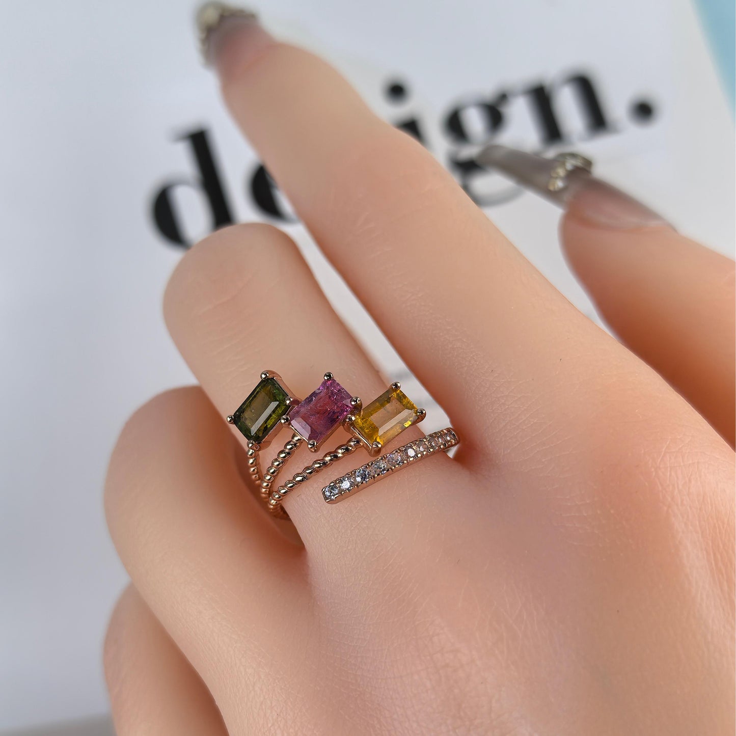 Gorgeous Rose Gold Plated 925 Silver Jewelry Natural Tourmaline Ring