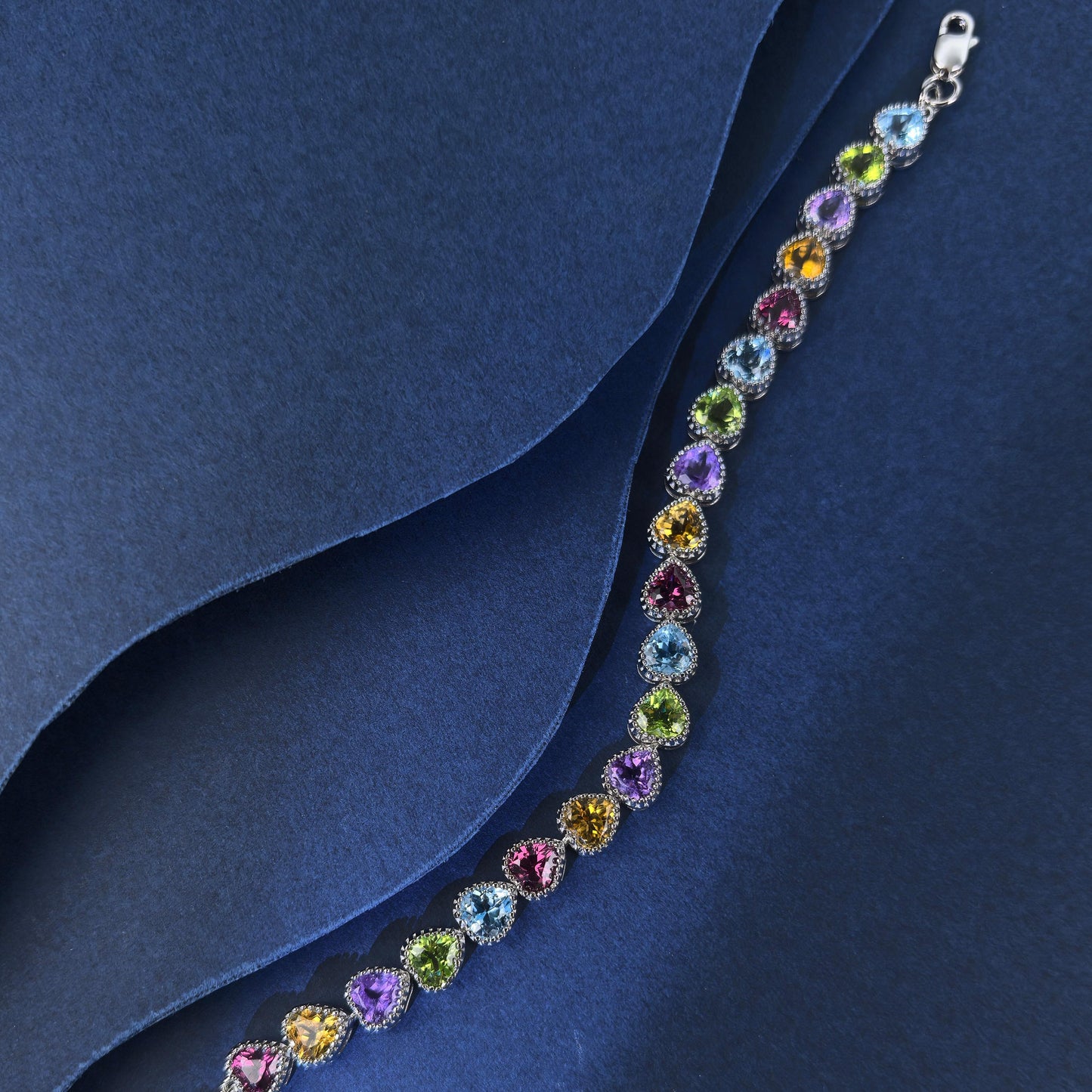 Delicate Rhodium Plated Silver 925 Jewelry Multiple Natural Gemstone Heart Bracelet