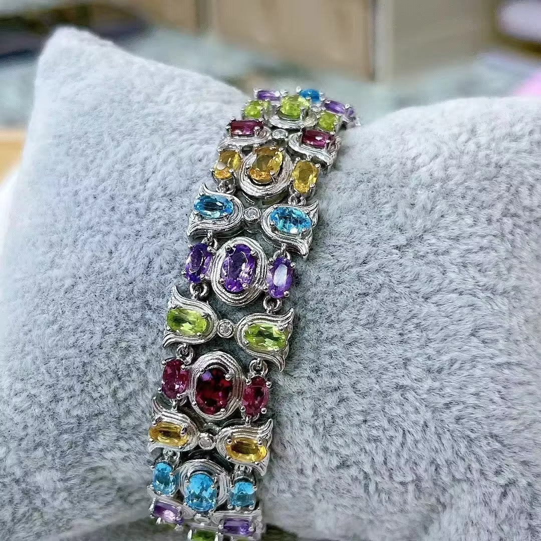 Women's Delicate Rhodium Plated Silver 925 Bracelet with Multiple Natural Gemstones Fine Jewelry for Parties and Gifts