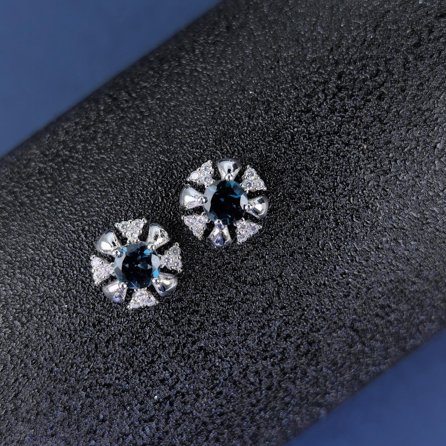 Delicate Rhodium Plated 925 Silver Natural London Blue Topaz Stud Earrings