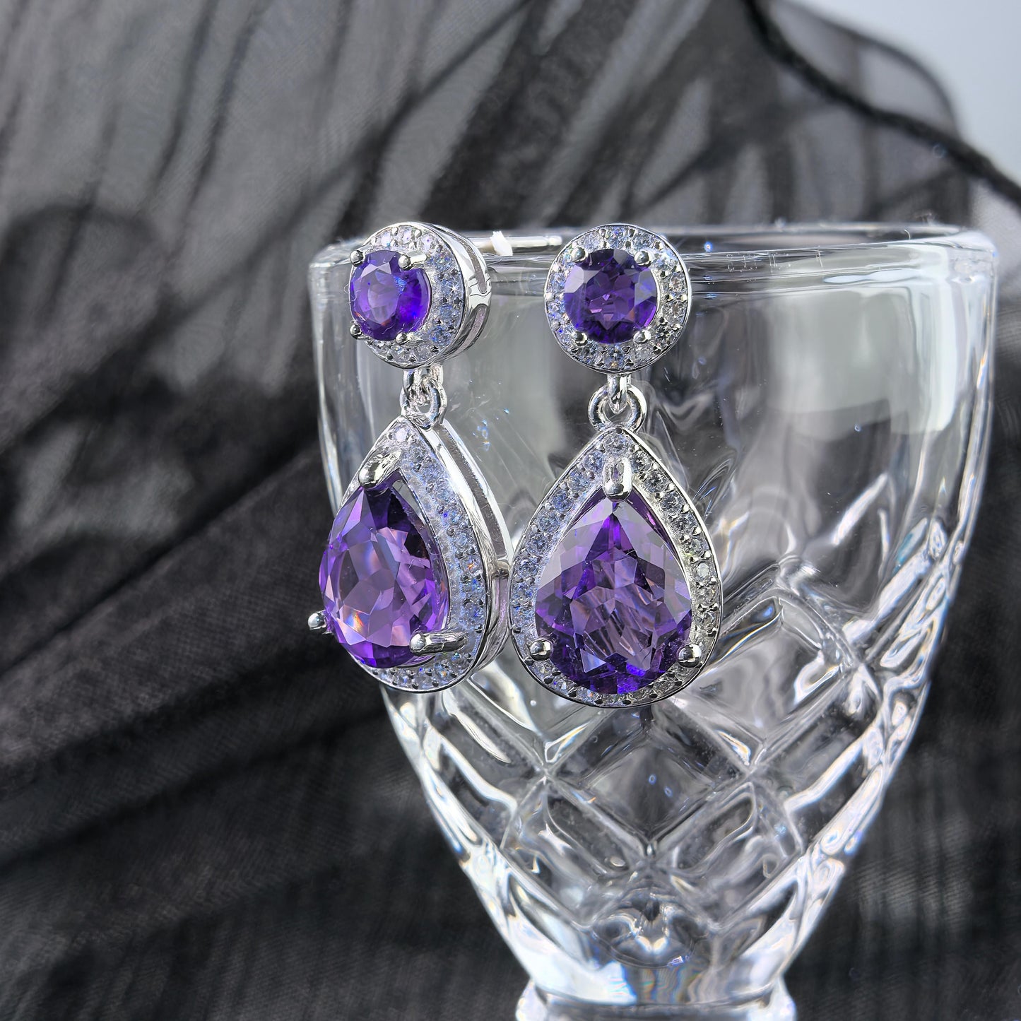 Precious Rhodium Plated 925 Silver Jewelry Natural Amethyst Drop Earrings
