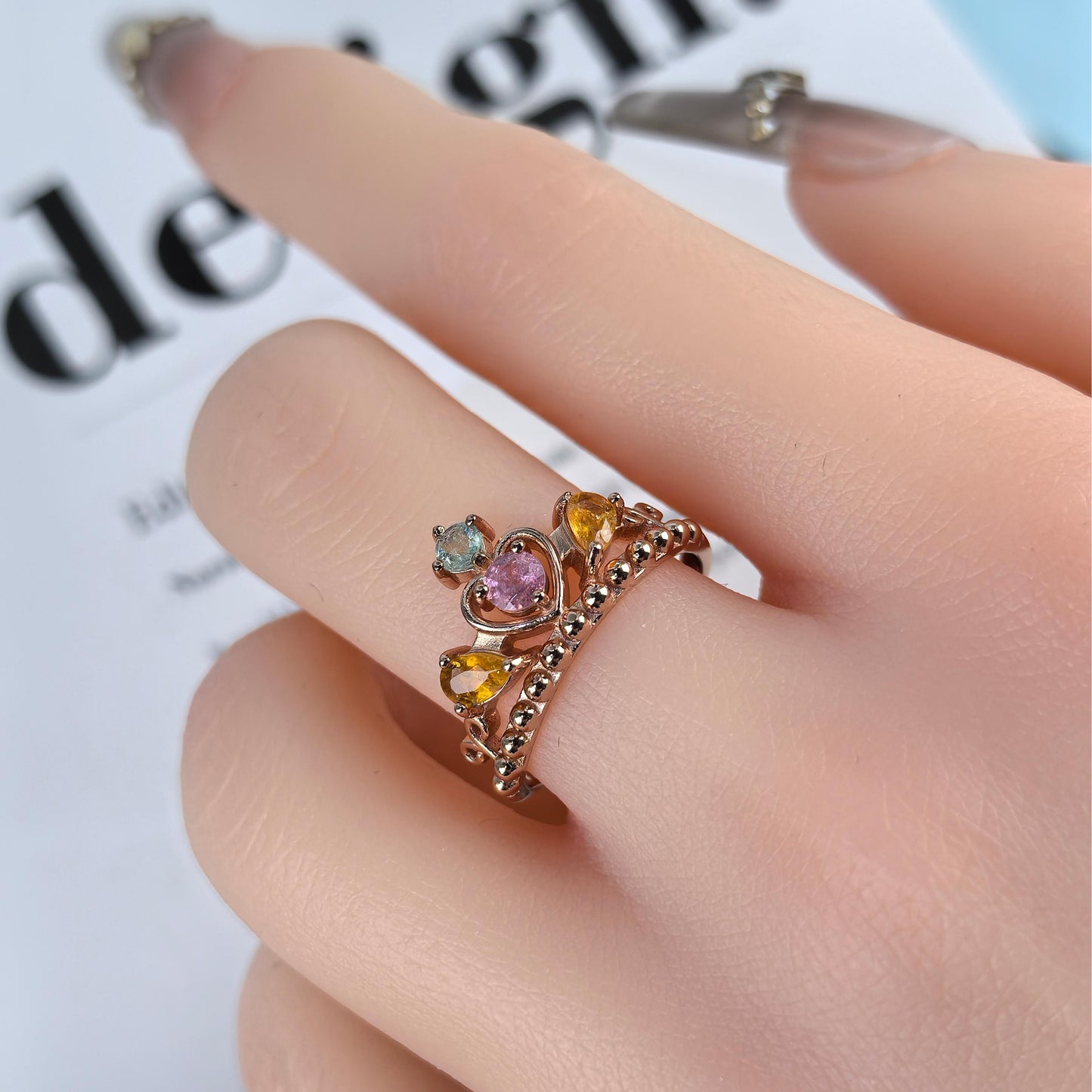 Graceful Rose Gold Plated 925 Silver Jewelry Natural Tourmaline Crown Ring