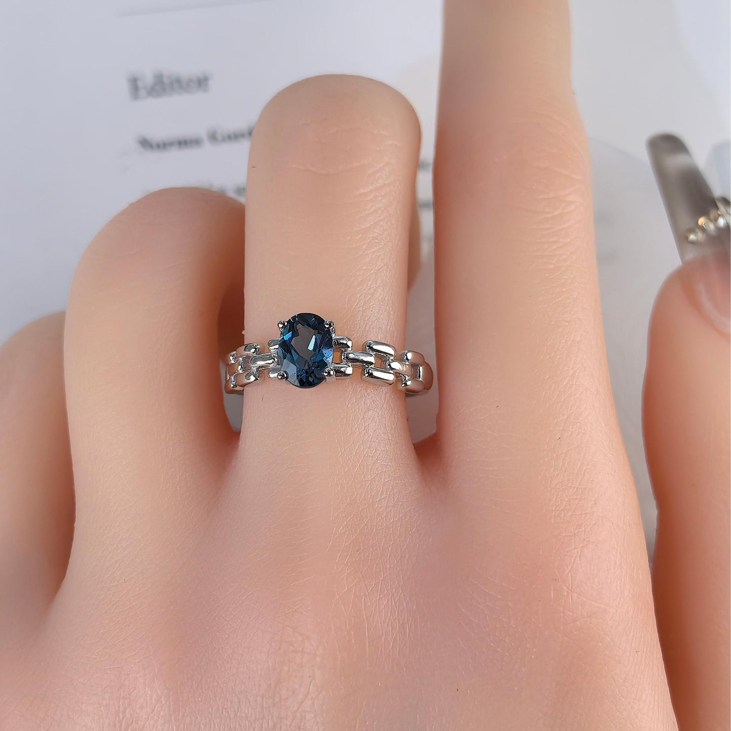 Rhodium Plated 925 Silver Oval Cut Natural London Blue Topaz Ring