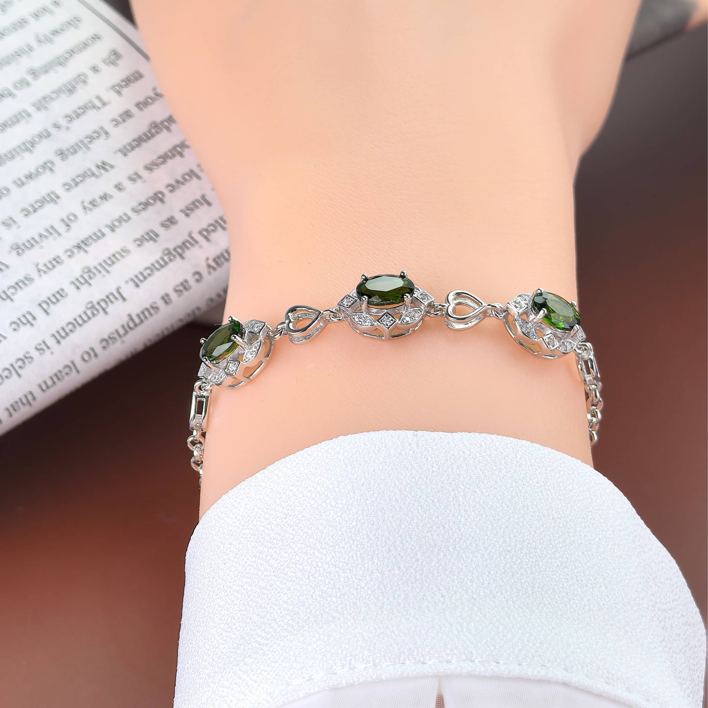 Elegant Rhodium Plated 925 Silver Natural Diopside Bracelet