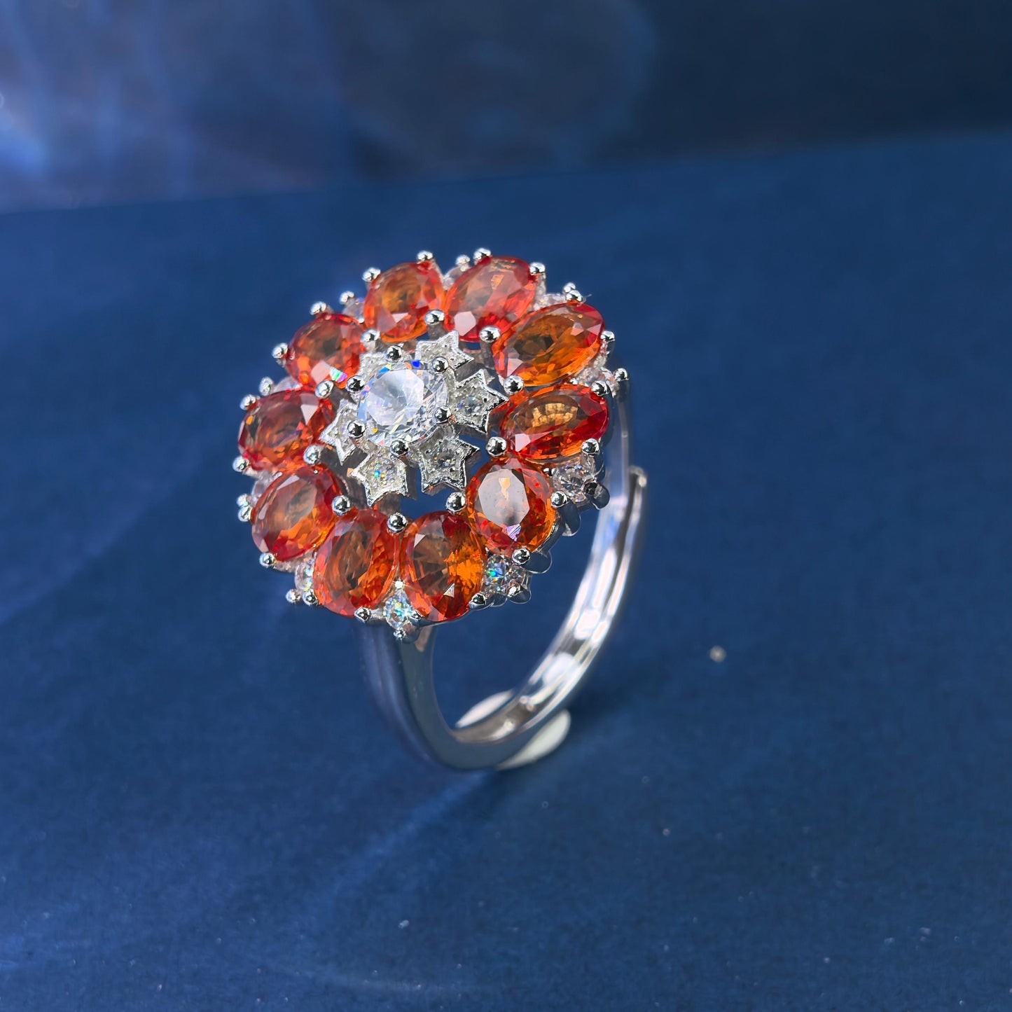 Luxurious Rhodium Plated Silver 925 Jewelry Natural Mandarin Sapphire Flower Ring