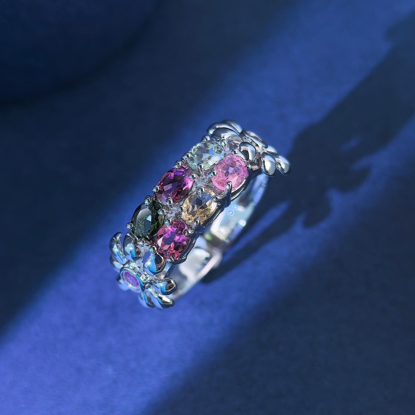 Graceful Women's Rhodium Plated Silver 925 Natural Tourmaline Flower Ring