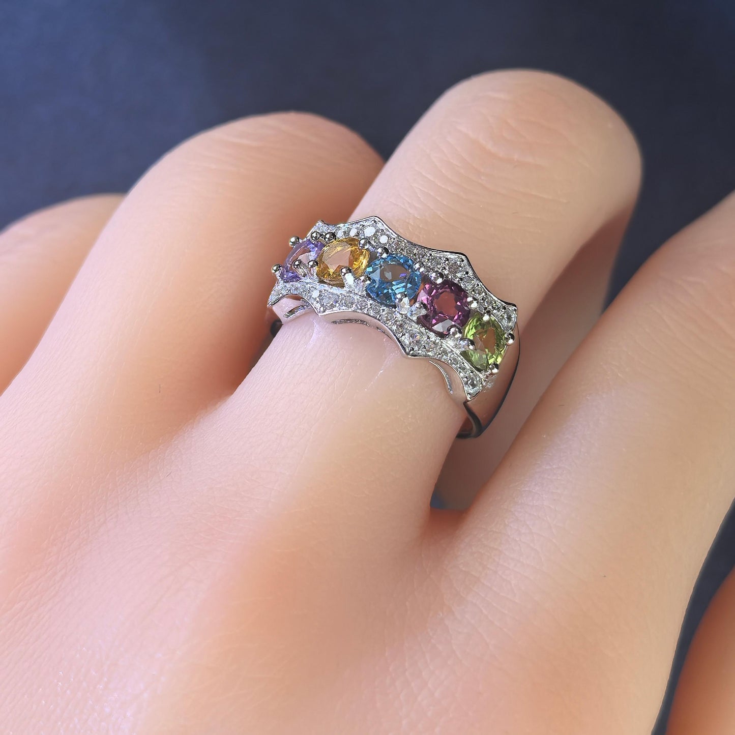 Charming Rhodium Plated 925 Silver Jewelry Multiple Natural Gemstone Ring