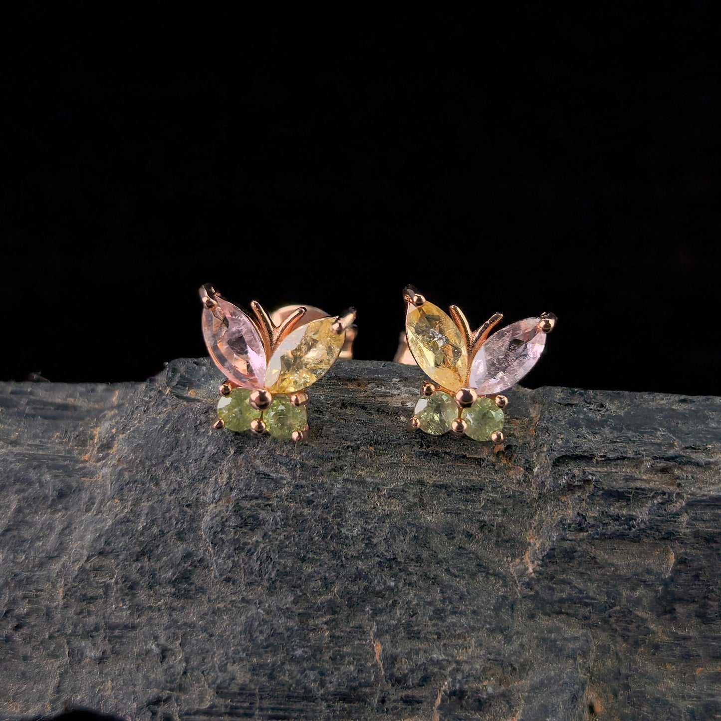 Exquisite Rose Gold Plated 925 Silver Jewelry Natural Tourmaline Butterfly Stud Earrings