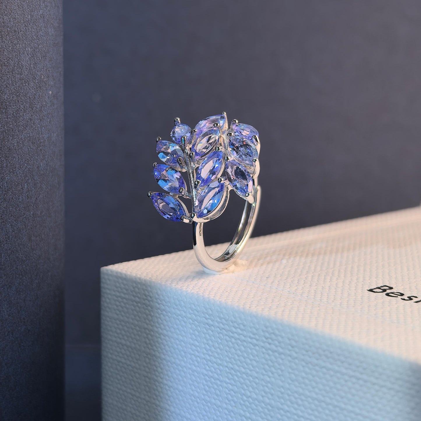 Charming Rhodium Plated Silver 925 Jewelry Natural Tanzanite Leaves Ring