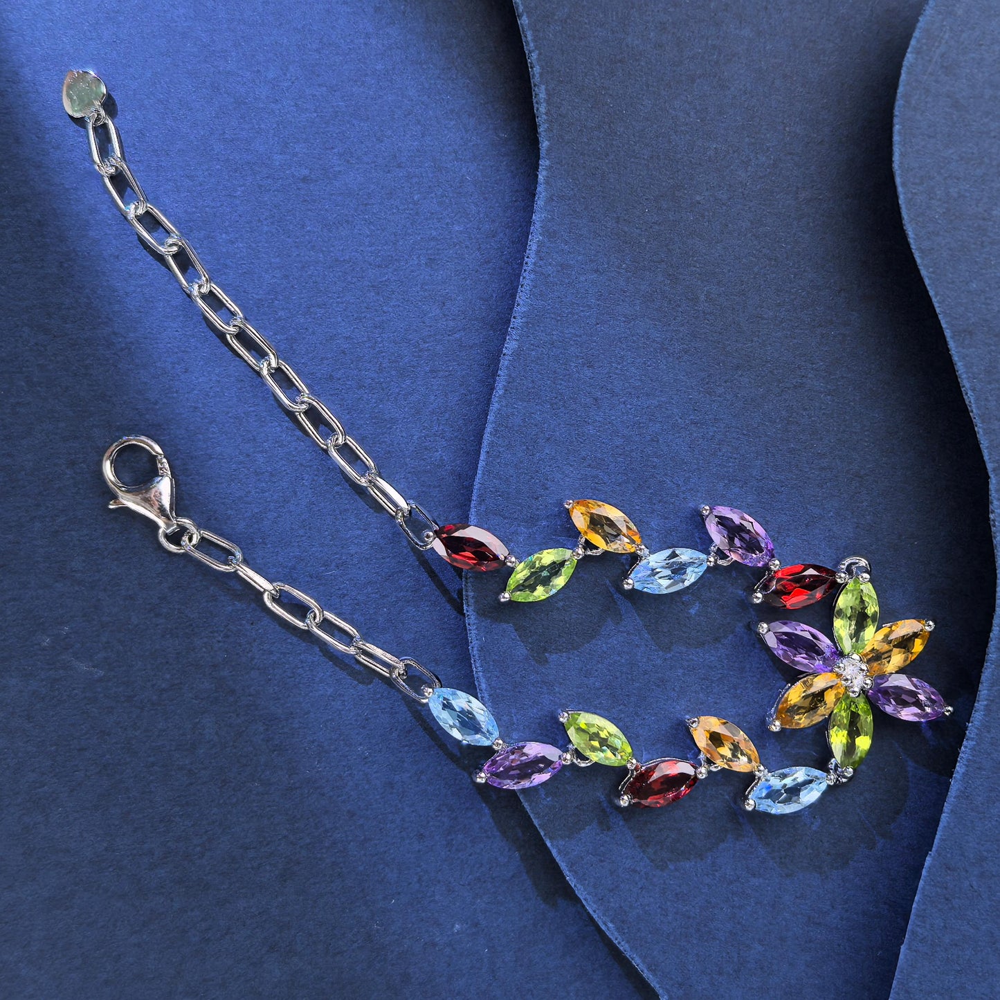 Elegant Rhodium Plated Silver 925 Jewelry Multiple Natural Gemstone Flower Bracelet