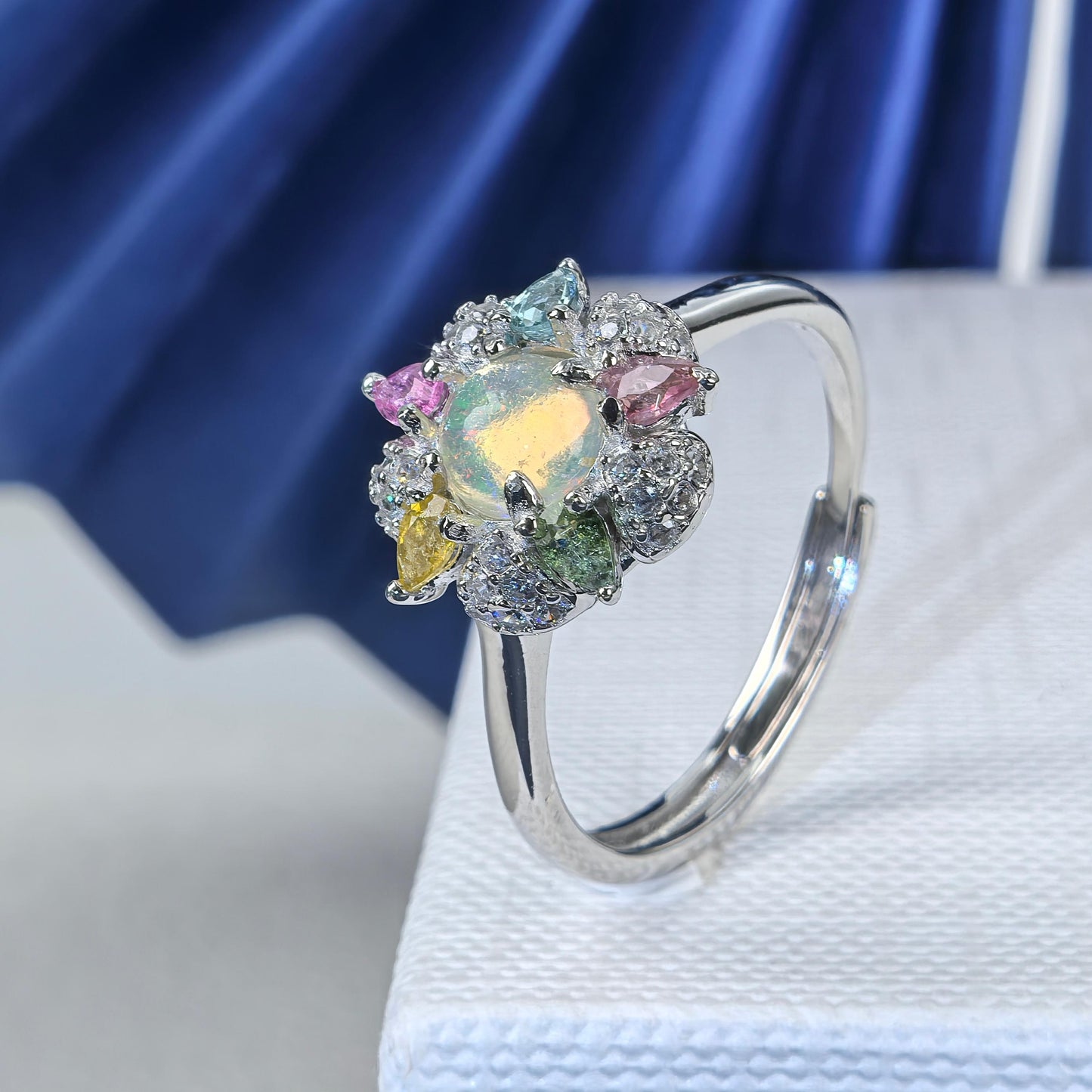 925 Silver Jewelry Ring Delicate Rhodium Plated Trendy Natural Opal Flower Gemstone