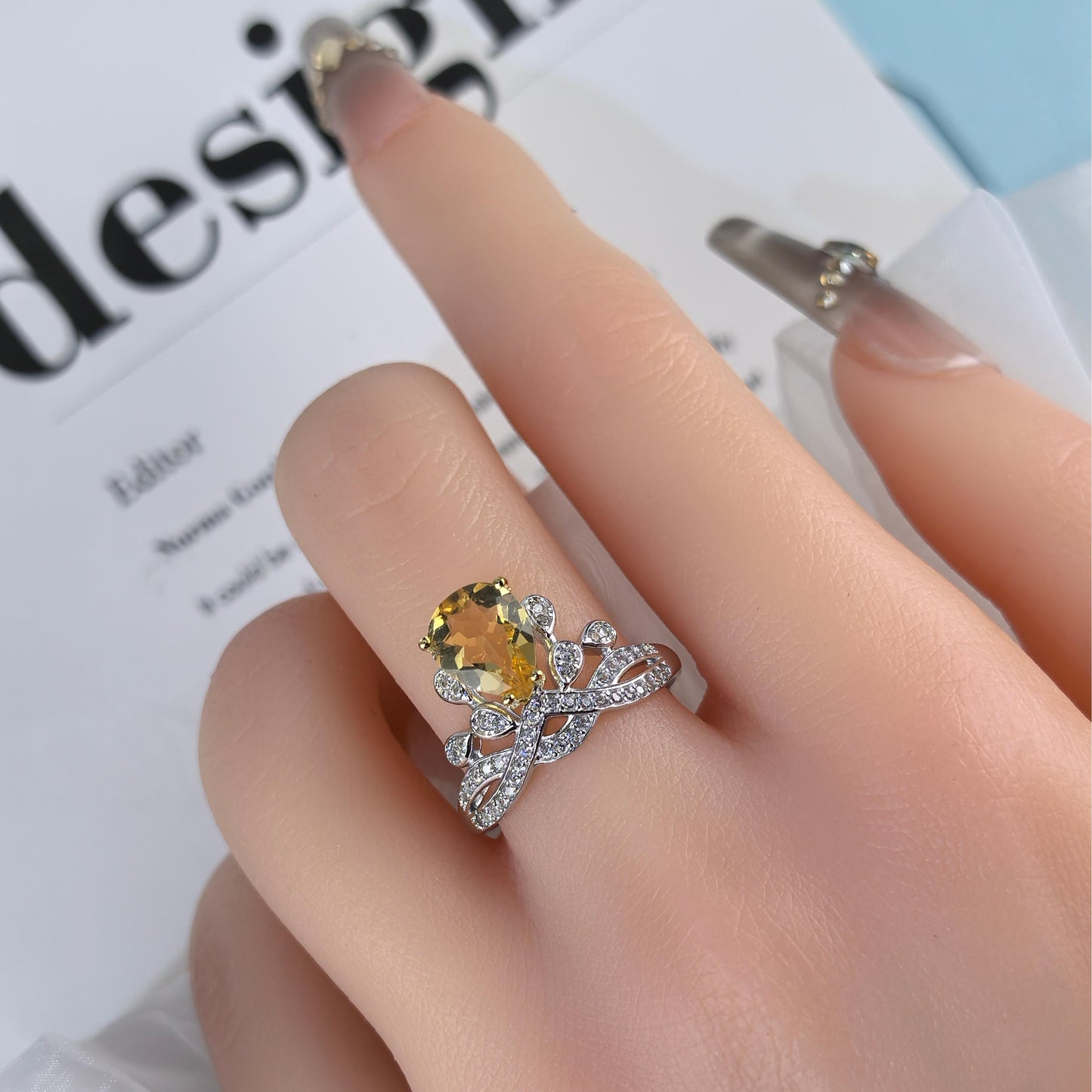 Exquisite Silver 925 Jewelry Rhodium and Gold Plated Natural Citrine Gemstone Ring