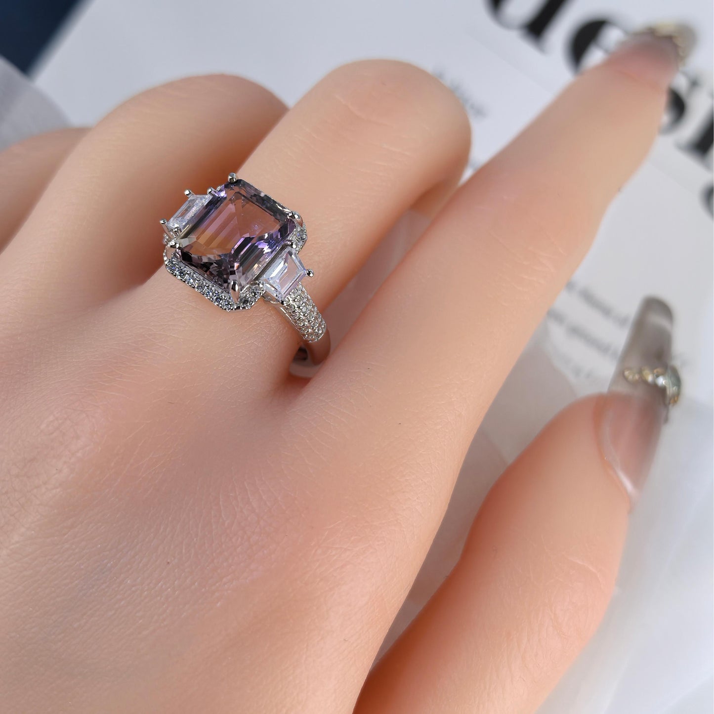 Delicate Rhodium Plated 925 Silver Jewelry Natural Ametrine Ring