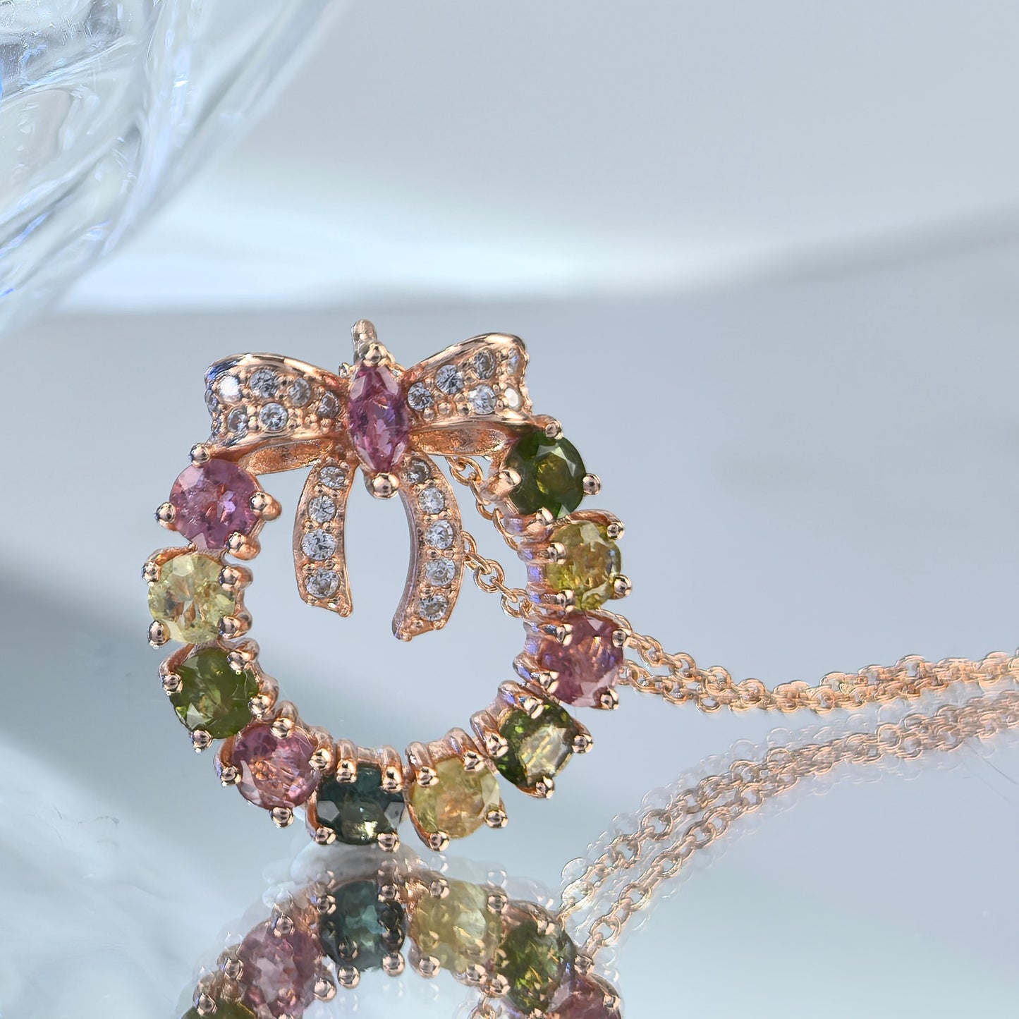 Delicate Rose Gold Plated Silver 925 Jewelry Natural Tourmaline Bow Necklace