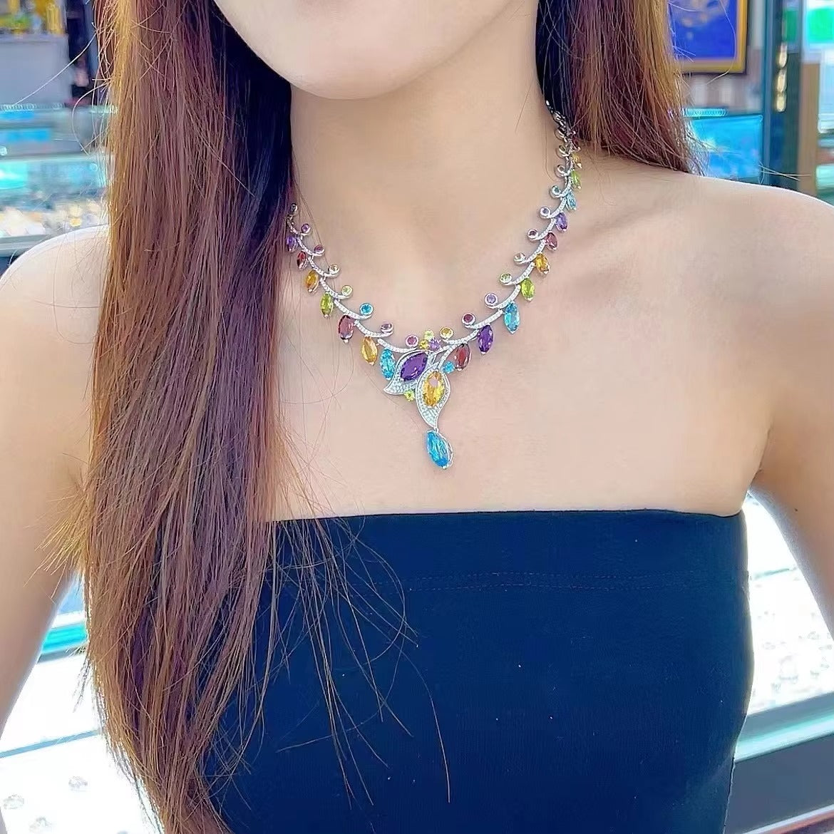 Luxurious Rhodium Plated Silver 925 Multiple Natural Gemstone Leaf Necklace