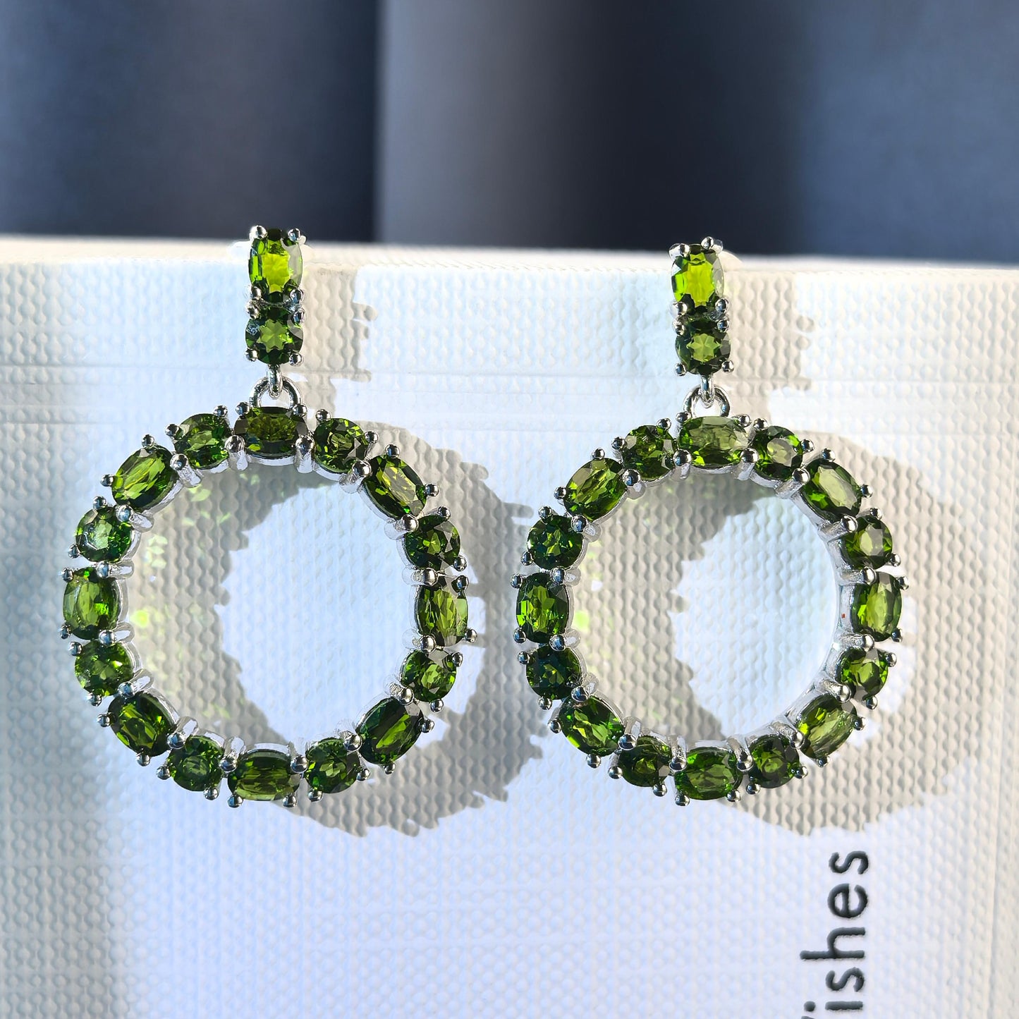Rhodium Plated 925 Silver Geometric Roundcircle Natural Diopside Statement Drop Earrings