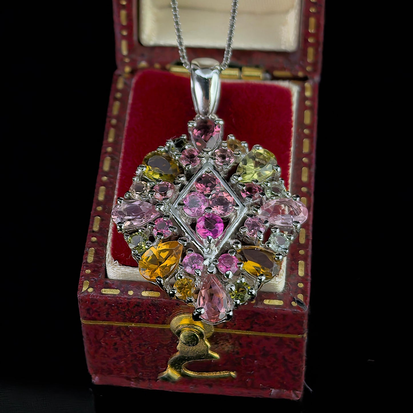 Dazzling Rhodium Plated Silver 925 Jewelry Natural Tourmaline Flower Pendant