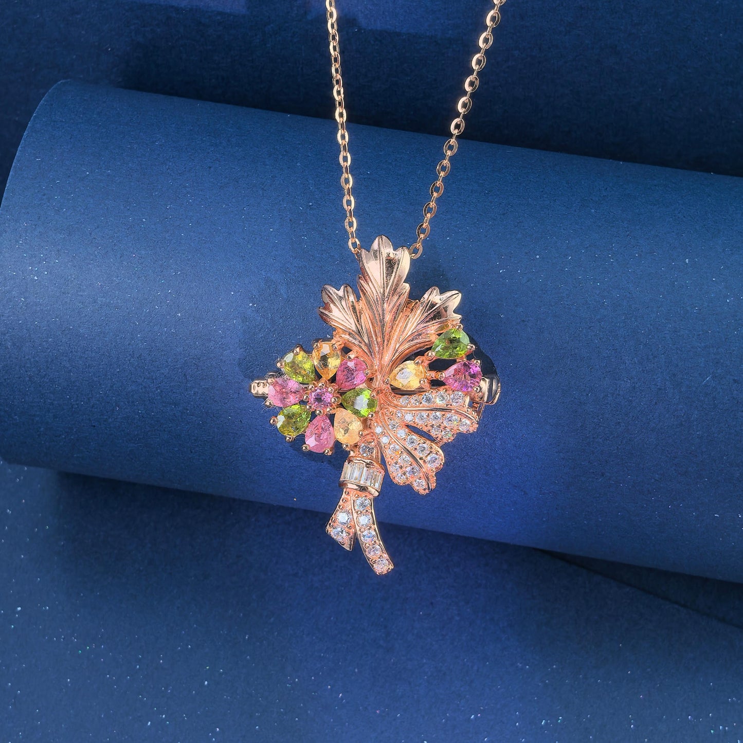 Delicate Rose Gold Plated Silver 925 Jewelry Natural Tourmaline Flower Brooch