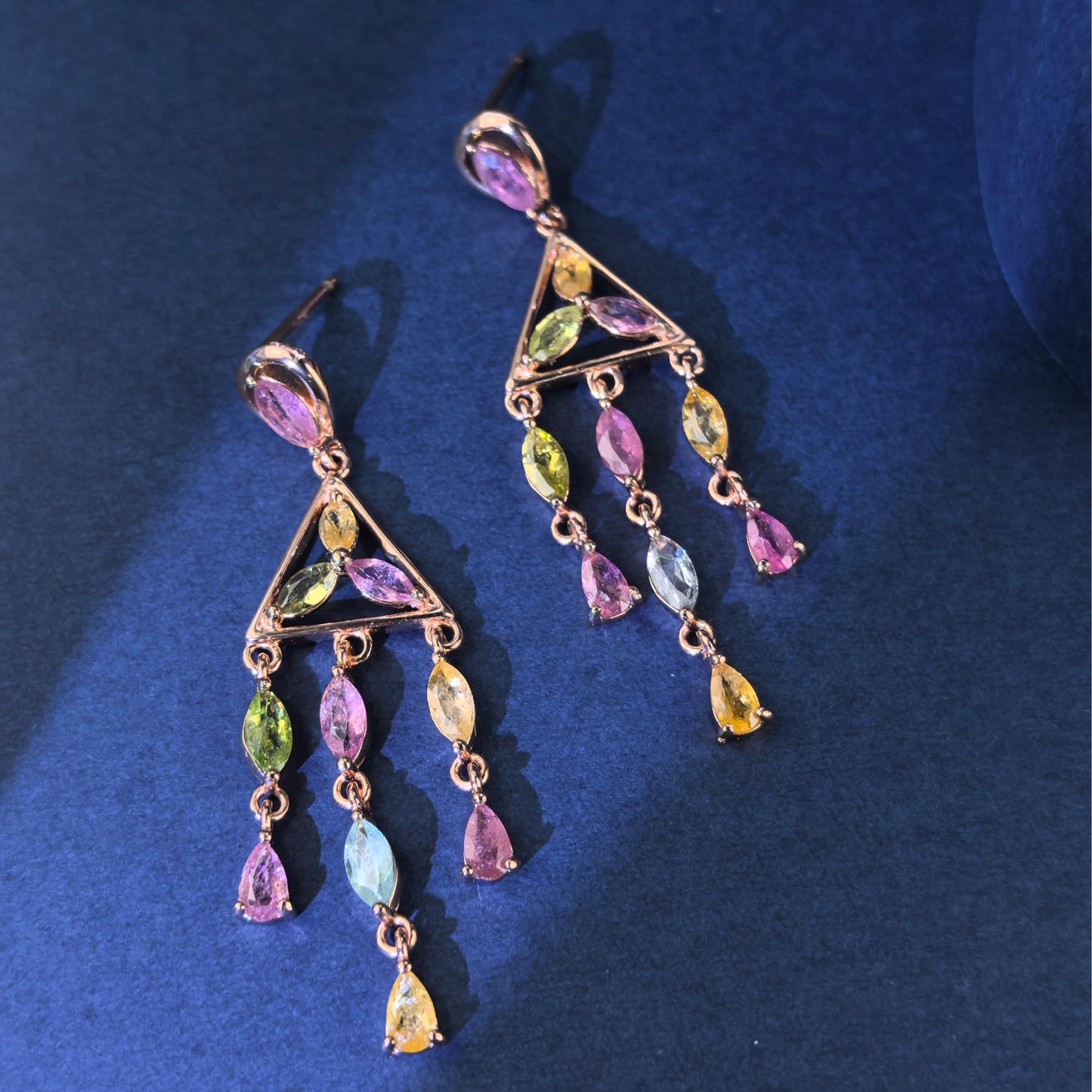 Elegant Rose Gold Plated 925 Silver Jewelry Natural Tourmaline Triangle Drop Earrings
