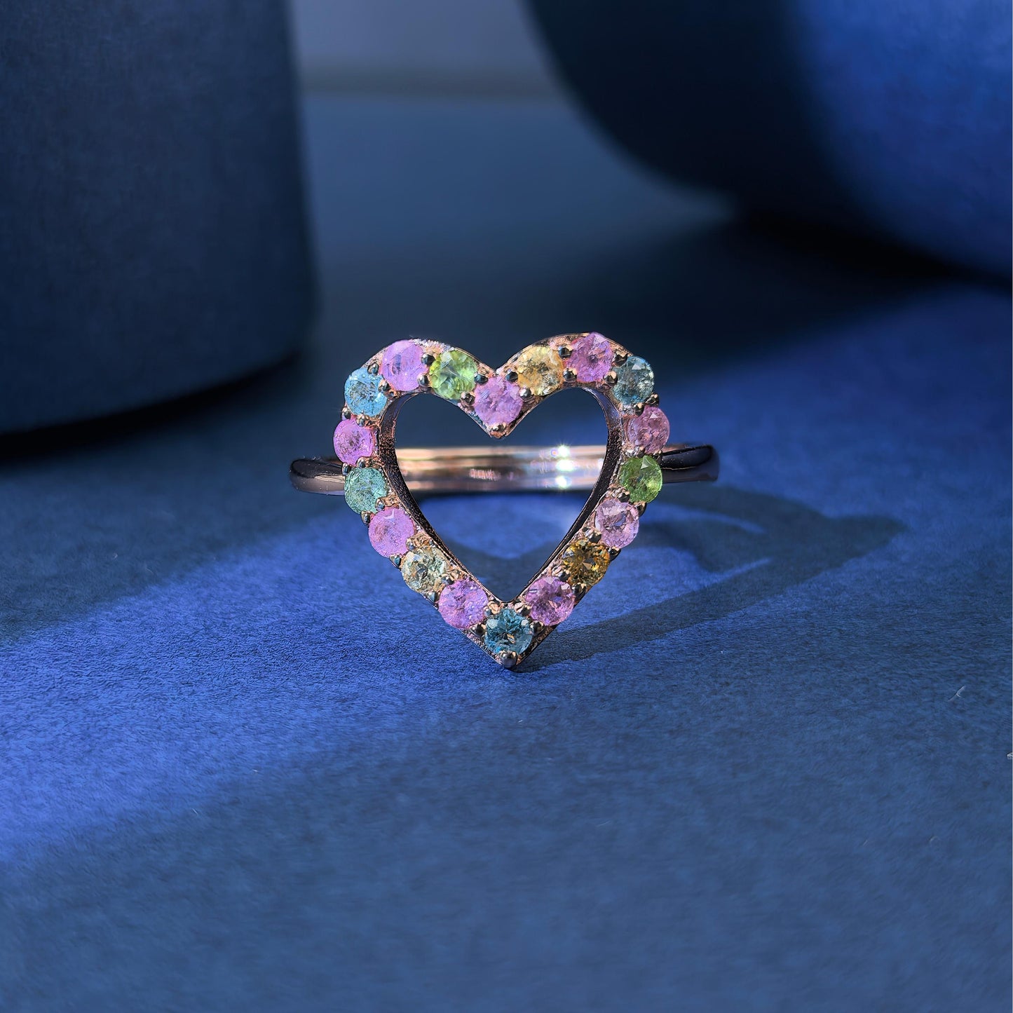 Romantic Rose Gold-Plated 925 Silver Natural Tourmaline Heart Gemstone Ring