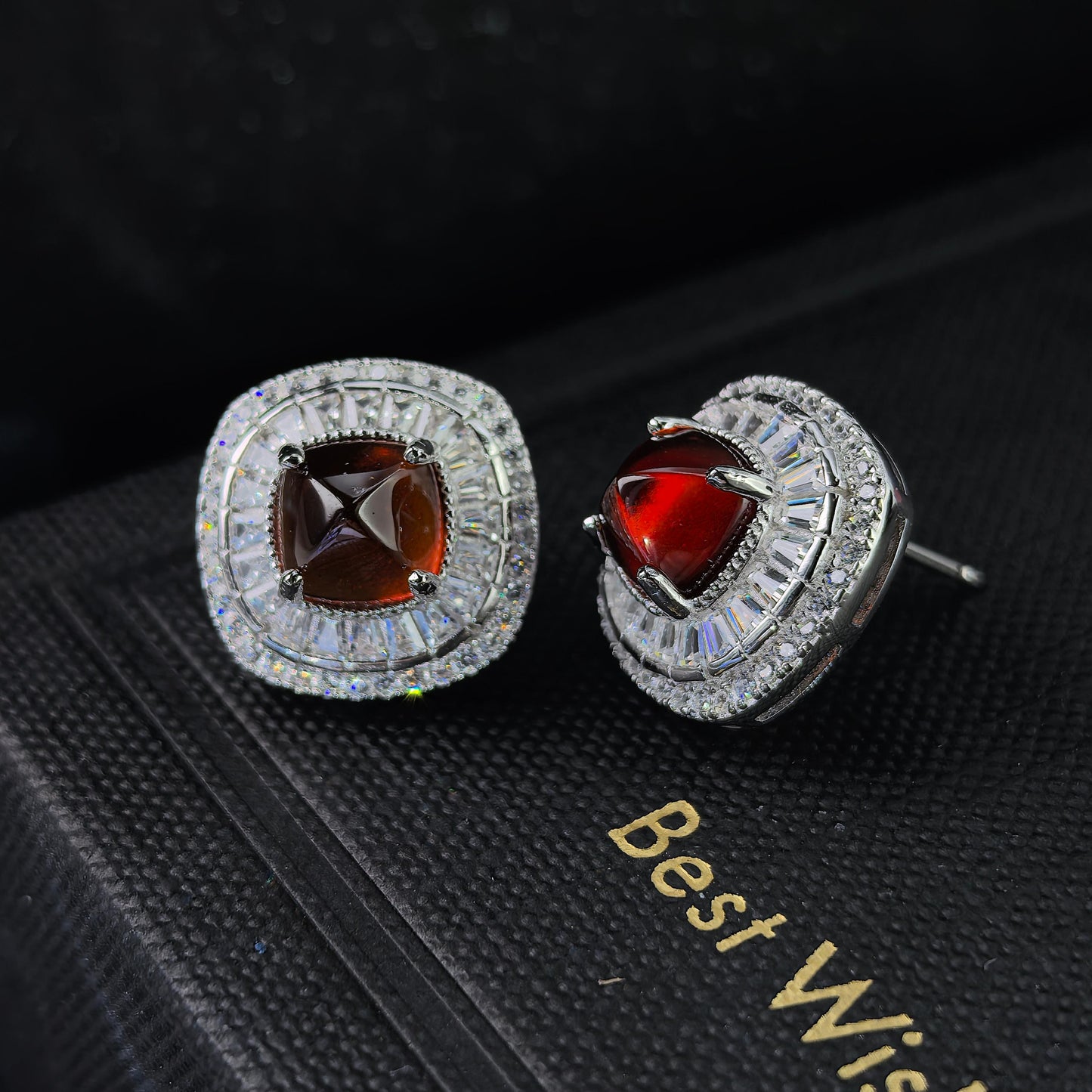 925 Sterling Silver Natural Mandarin Garnet Stud Earrings Charming Rhodium Plated