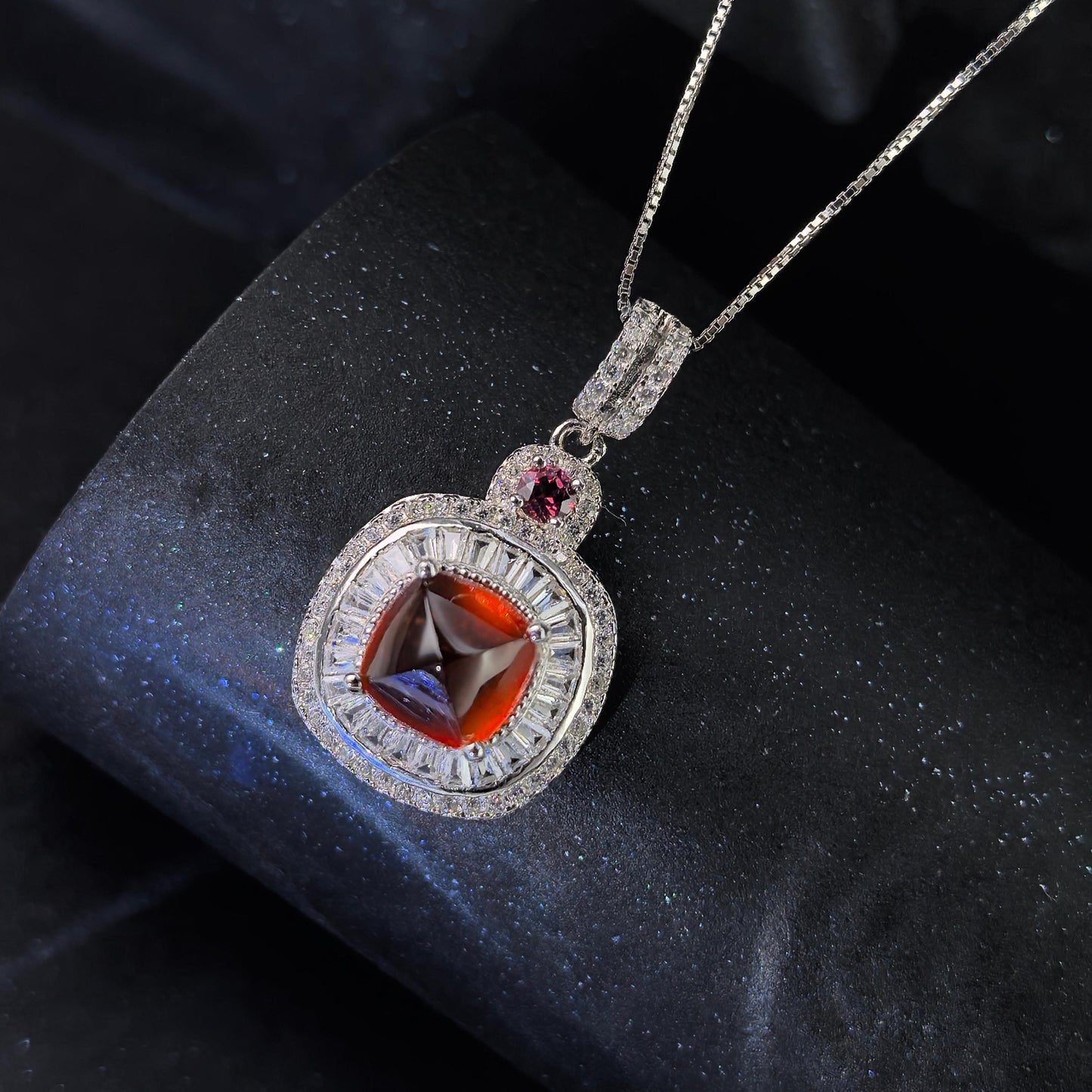 Graceful Rhodium Plated 925 Silver Jewelry Natural Mandarin Garnet Pendant