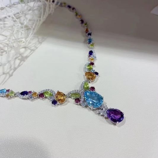 Luxurious Rhodium Plated Silver 925 Jewelry Multiple Natural Gemstone Necklace