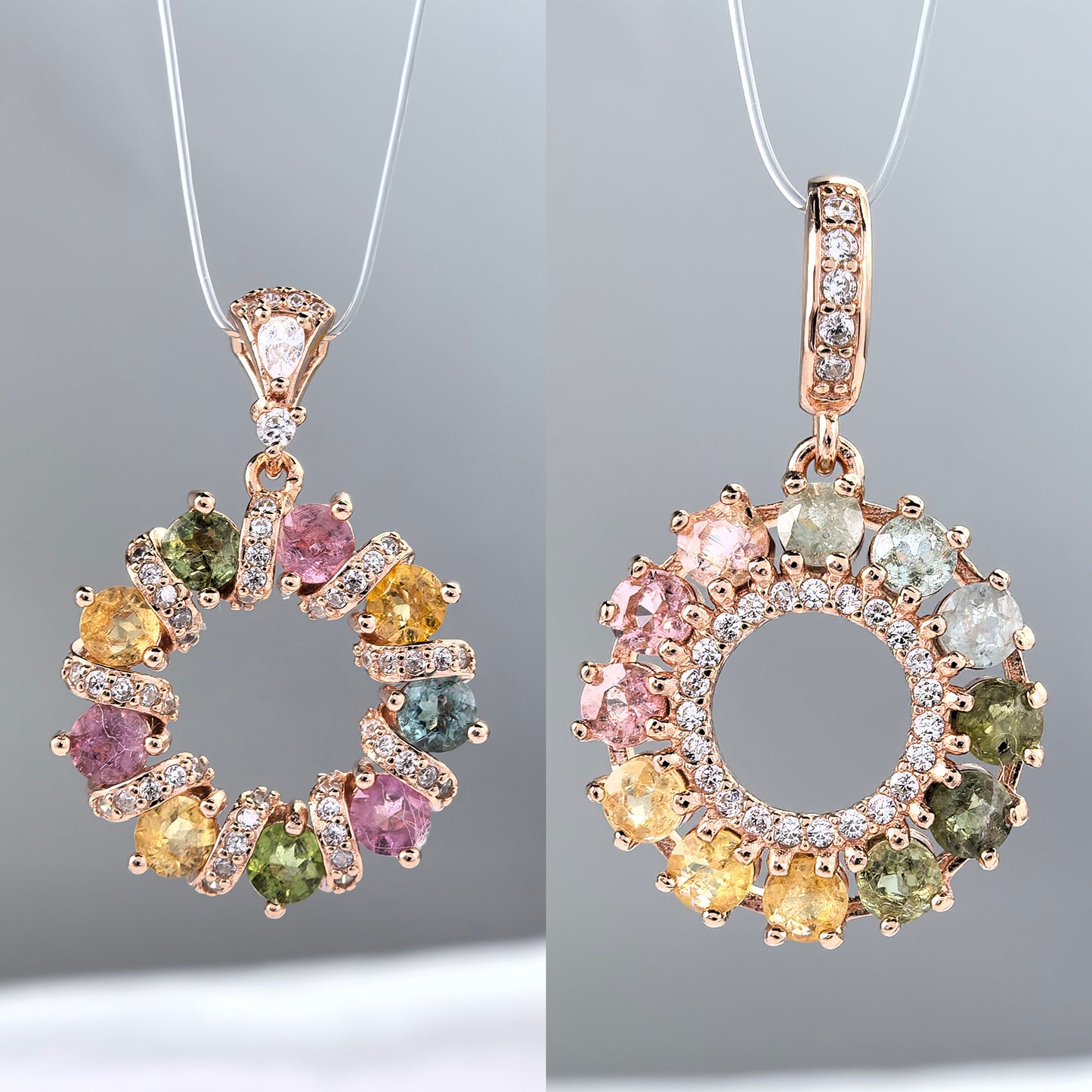925 Silver Dazzling Rose Gold Plated Fine Pendants Natural Tourmaline round Charm Pendants