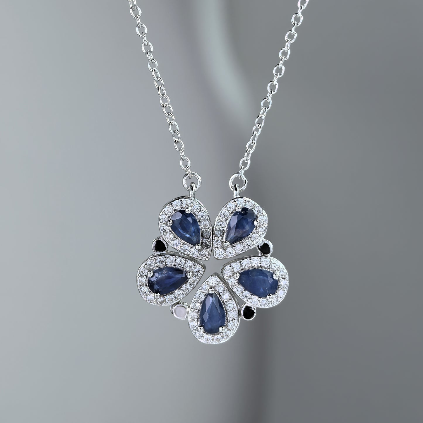 Delicate Rhodium Plated 925 Silver Jewelry Natural Sapphire Five Leaf Clover Necklace