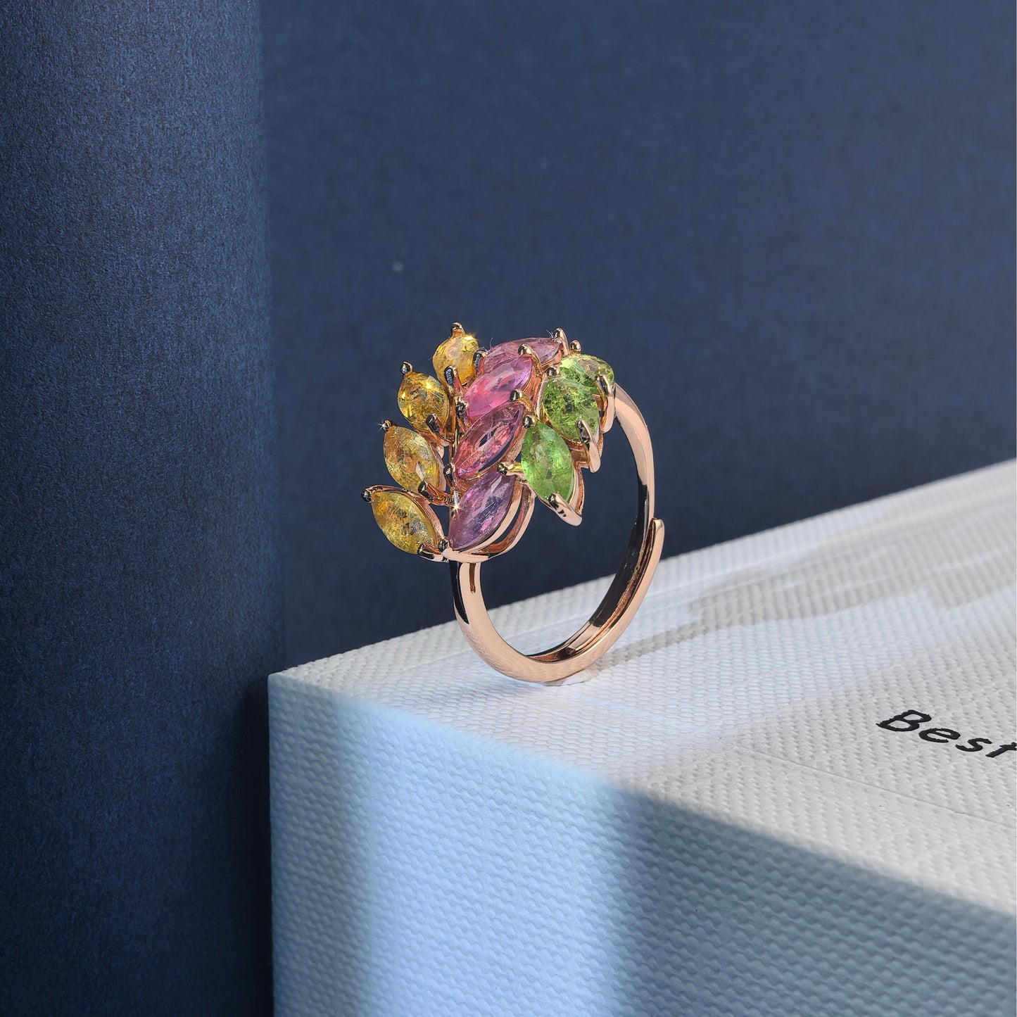 Elegant Rose Gold Plated Silver 925 Jewelry Natural Tourmaline Leaf Ring