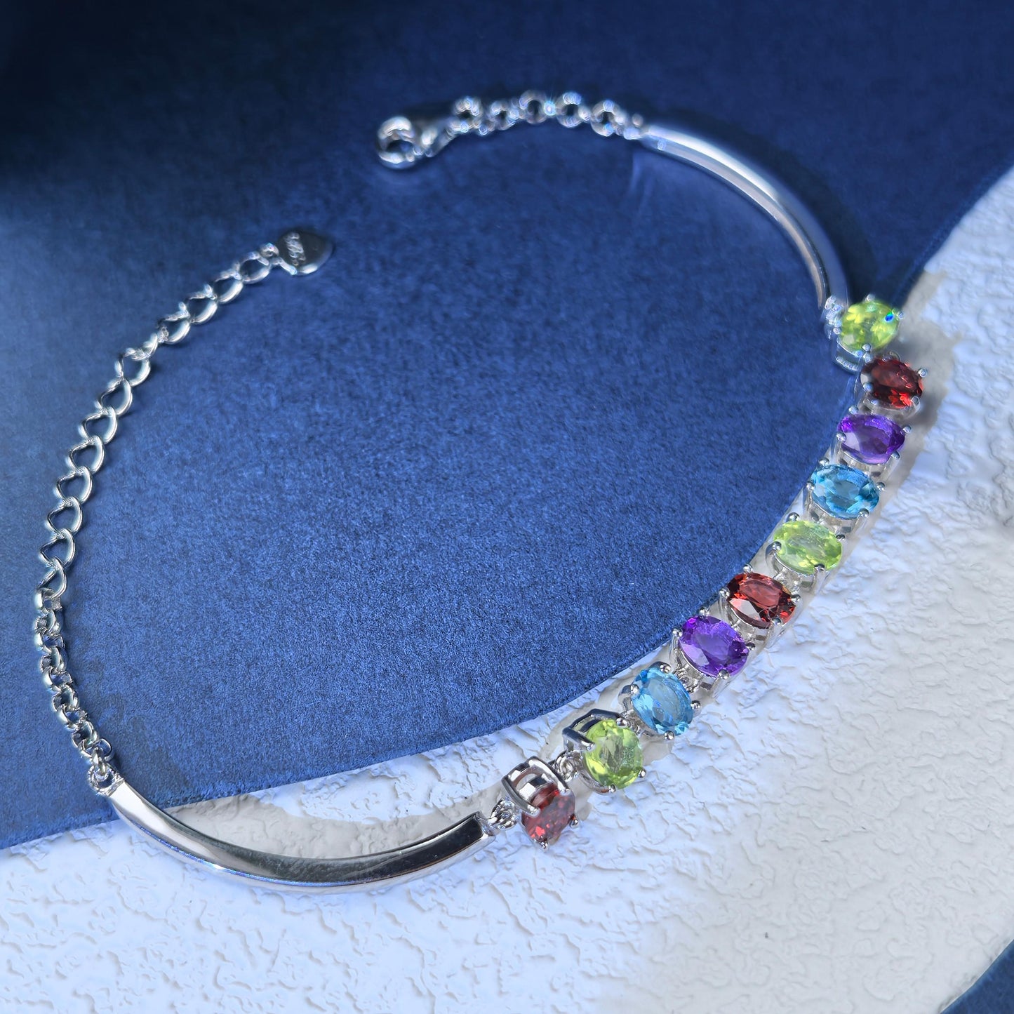 Exquisite Rhodium Plated Silver 925 Jewelry Multiple Natural Gemstone Bracelet