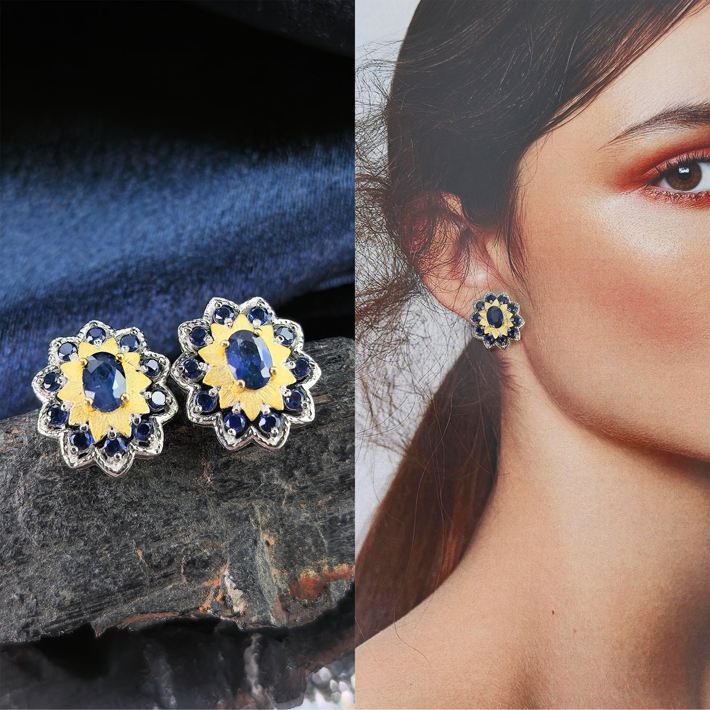 Delicate Rhodium Plated 925 Silver Jewelry Natural London Blue Topaz/Sapphire Flower Stud Earrings