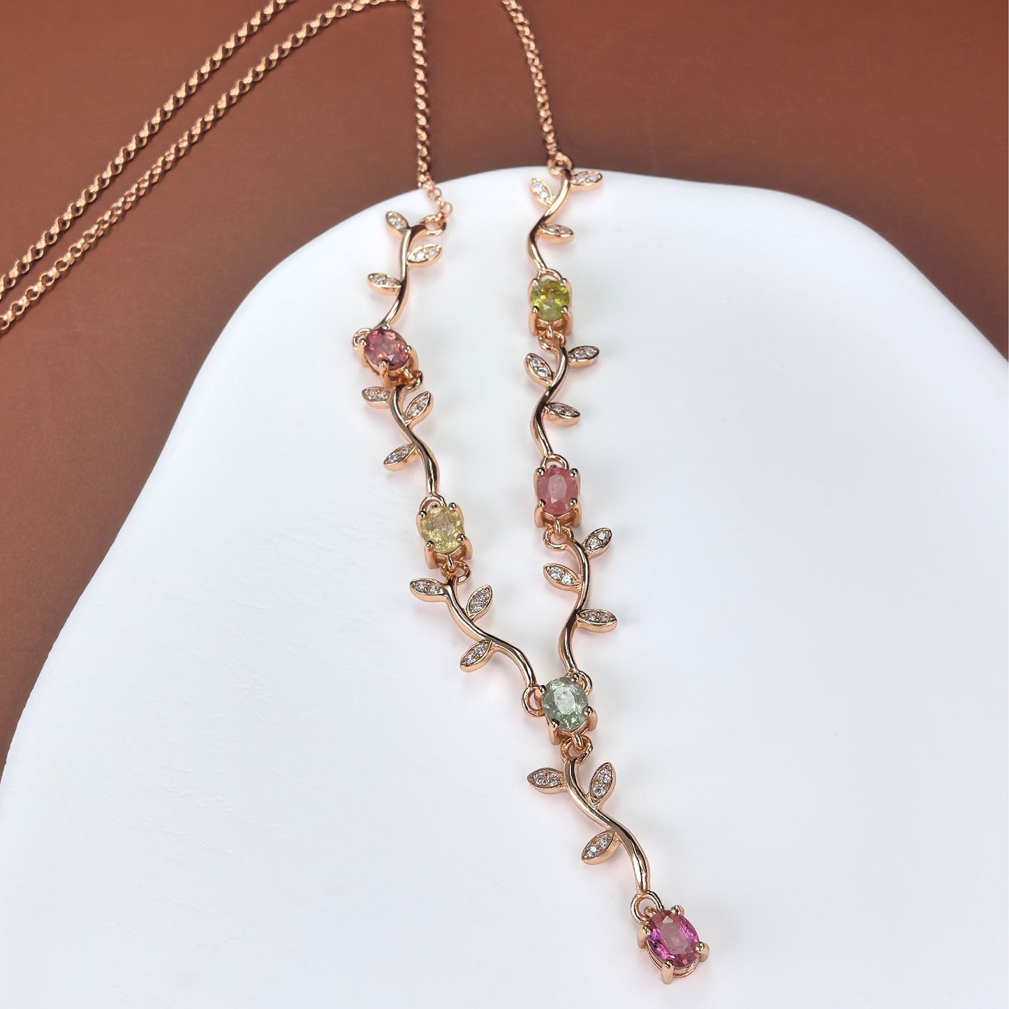 Rhodium/Rose Gold Plated Silver 925 Jewelry Natural Diopside/Tourmaline Flower Necklace