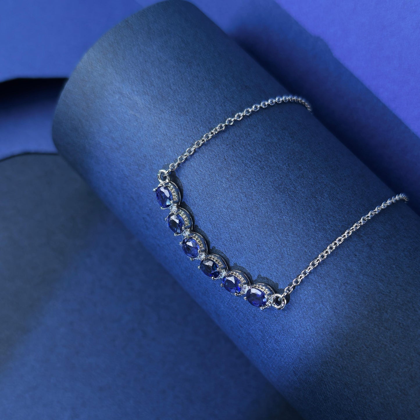Elegant Rhodium Plated Silver 925 Jewelry Natural Sapphire Necklace