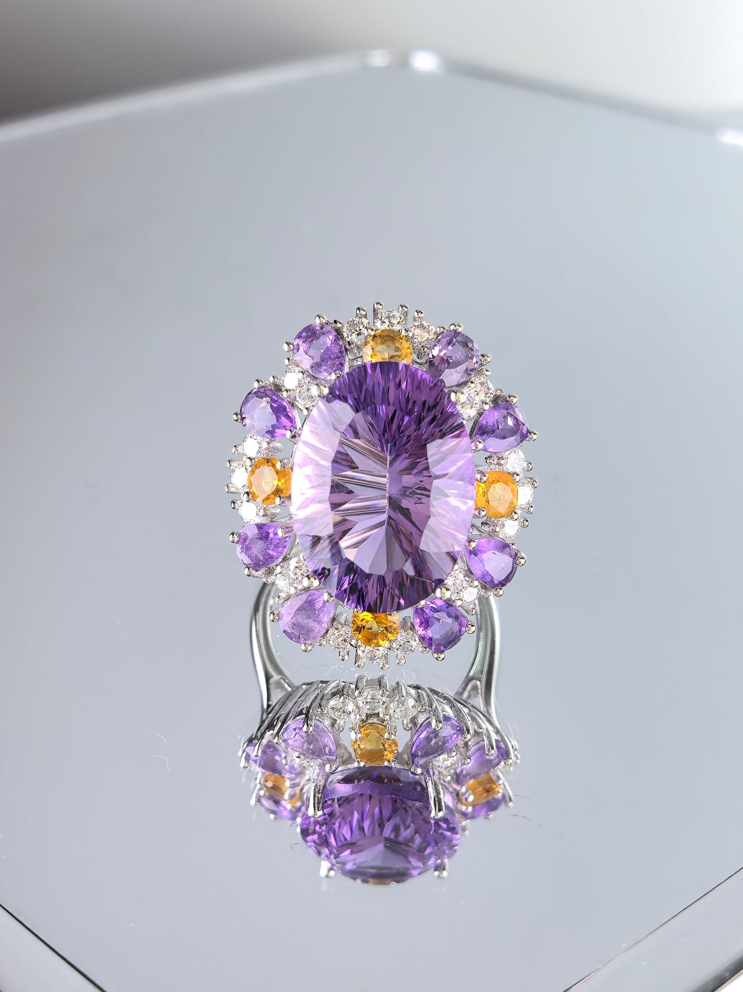 Wholesale Rhodium Plated 925 Sterling Silver Natural Amethyst Purple Gemstone Cushion Cut Ring