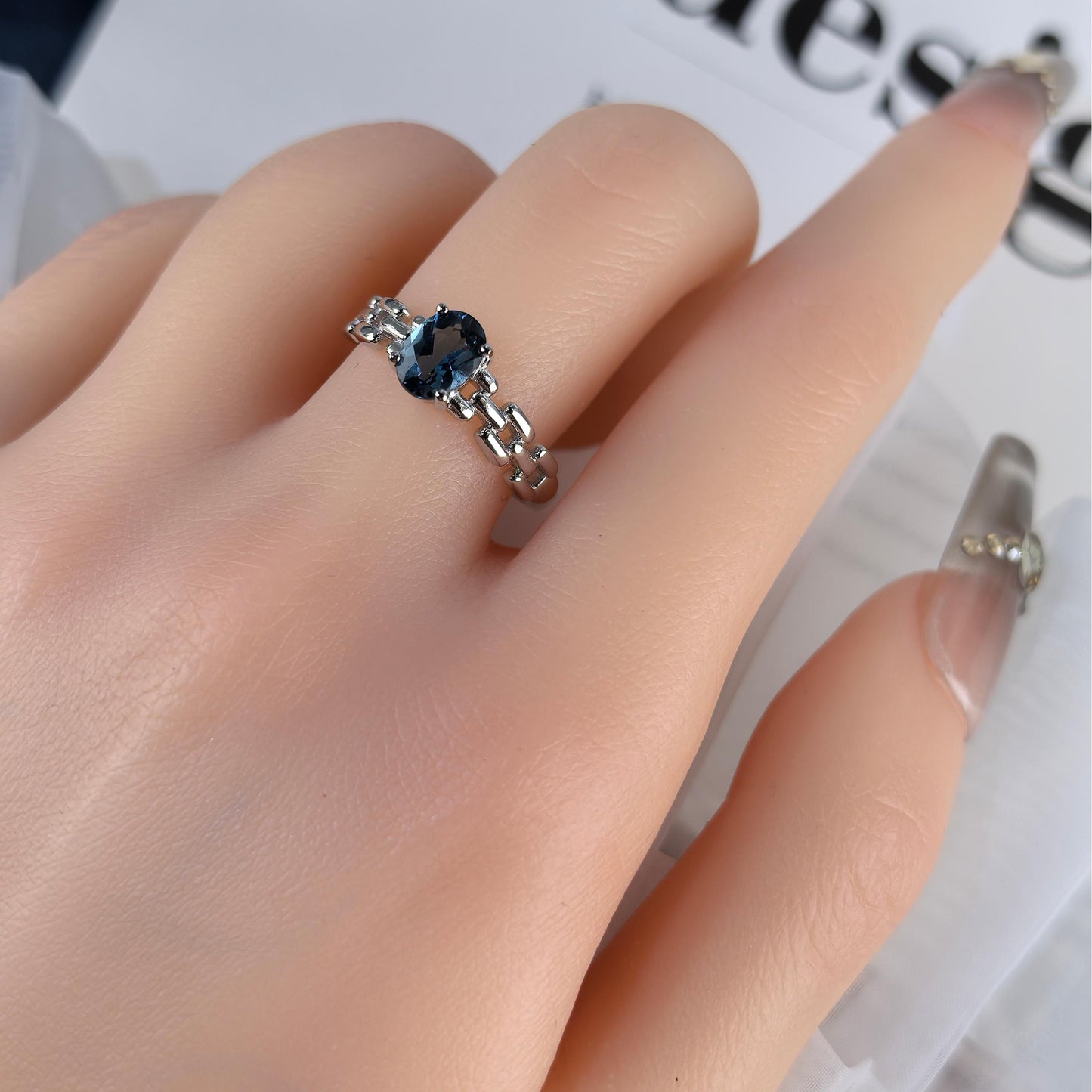 Rhodium Plated 925 Silver Oval Cut Natural London Blue Topaz Ring