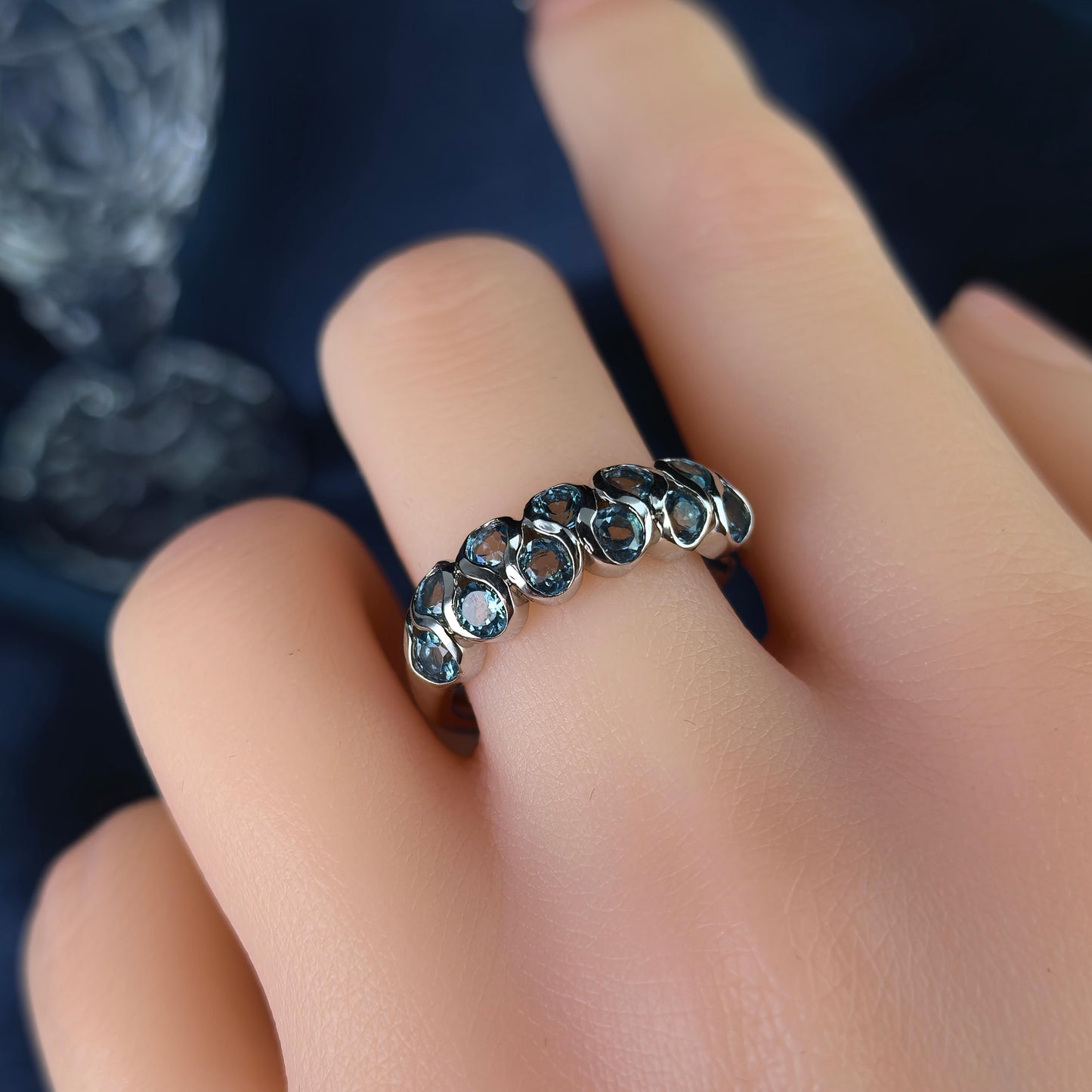 Unique Rhodium Plated 925 Silver Jewelry Natural London Blue Topaz Ring