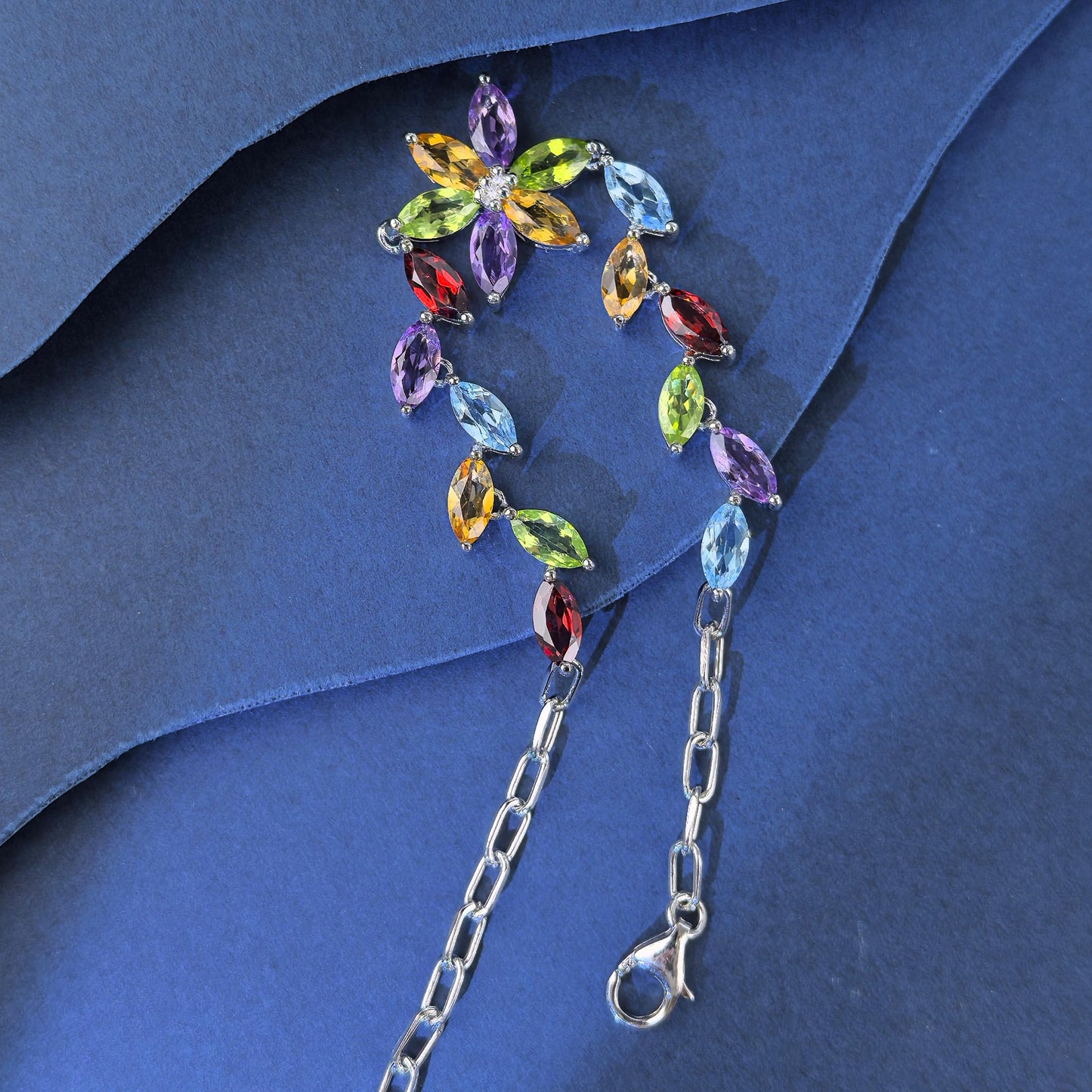 Elegant Rhodium Plated Silver 925 Jewelry Multiple Natural Gemstone Flower Bracelet