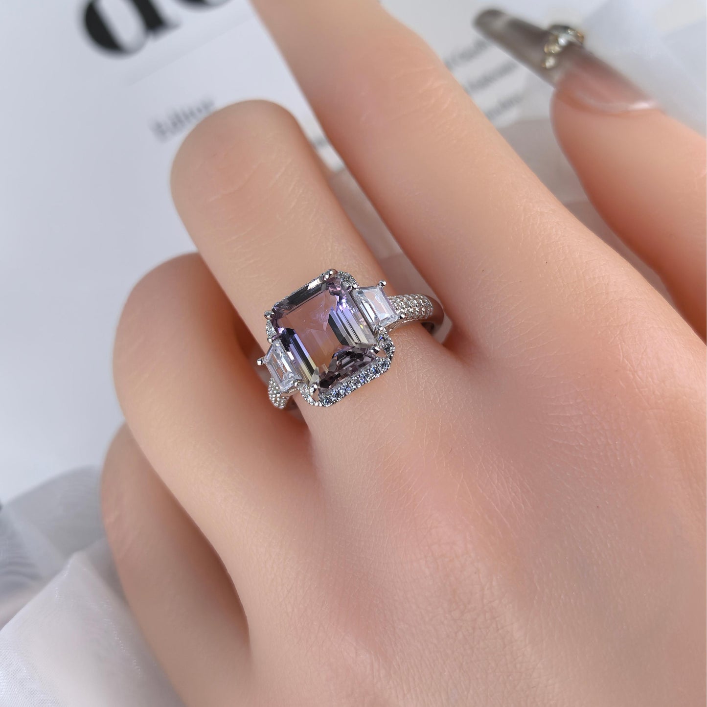Delicate Rhodium Plated 925 Silver Jewelry Natural Ametrine Ring