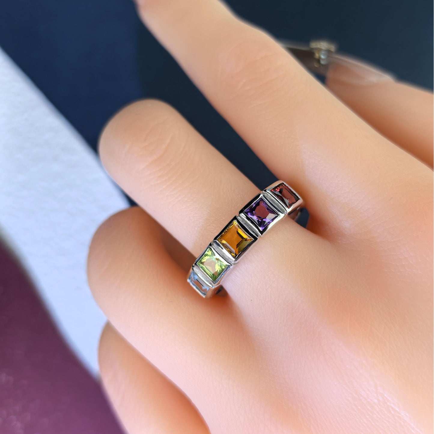 Exquisite Rhodium Plated 925 Silver Jewelry Multiple Natural Gemstone Ring