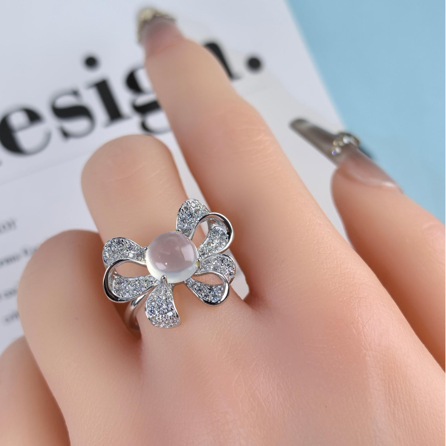 Romantic Rhodium Plated Silver 925 Jewelry Natural Moonstone Bow Ring