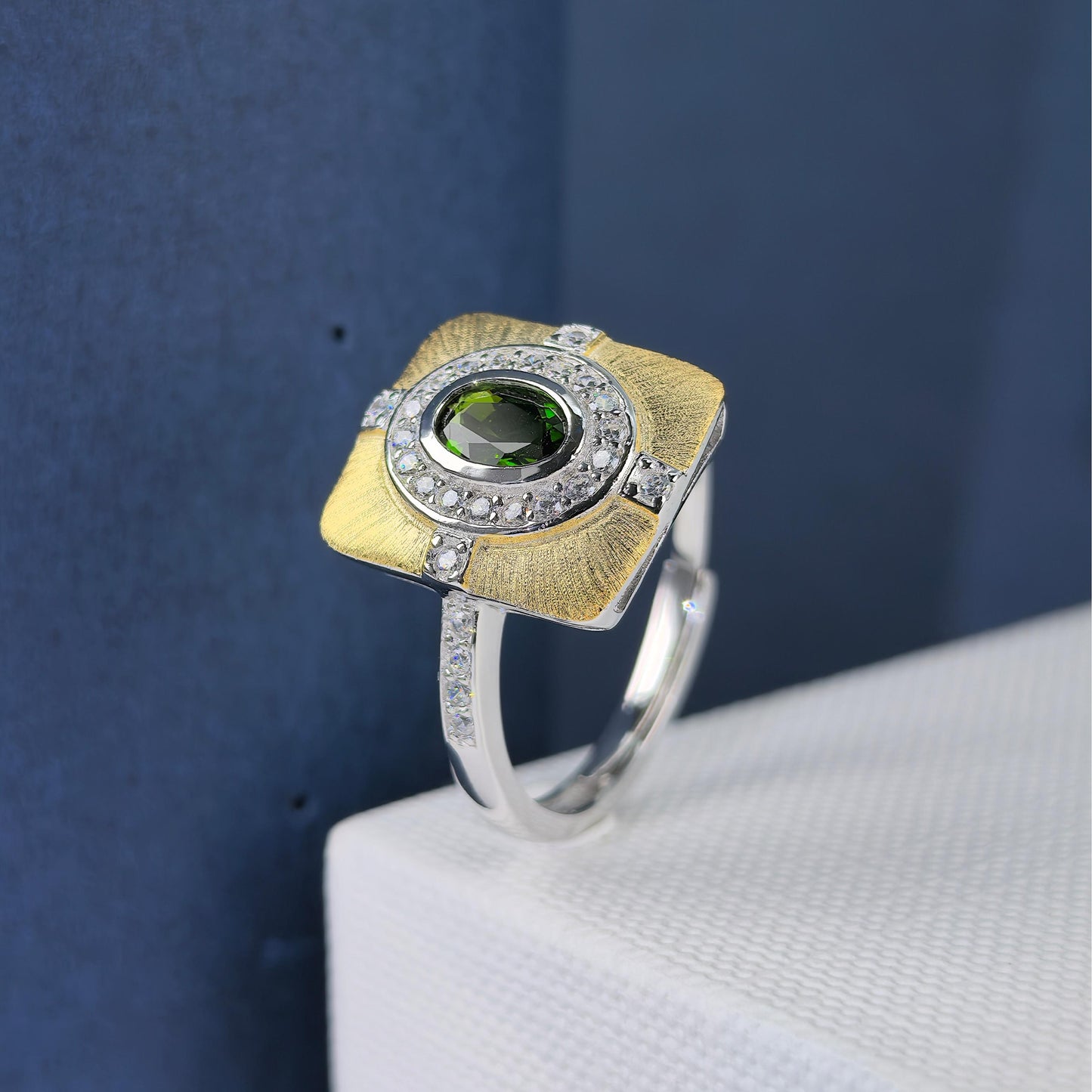 Geometric Couple Ring Oval Cut Resizable 925 Sterling Silver Diopside Ring