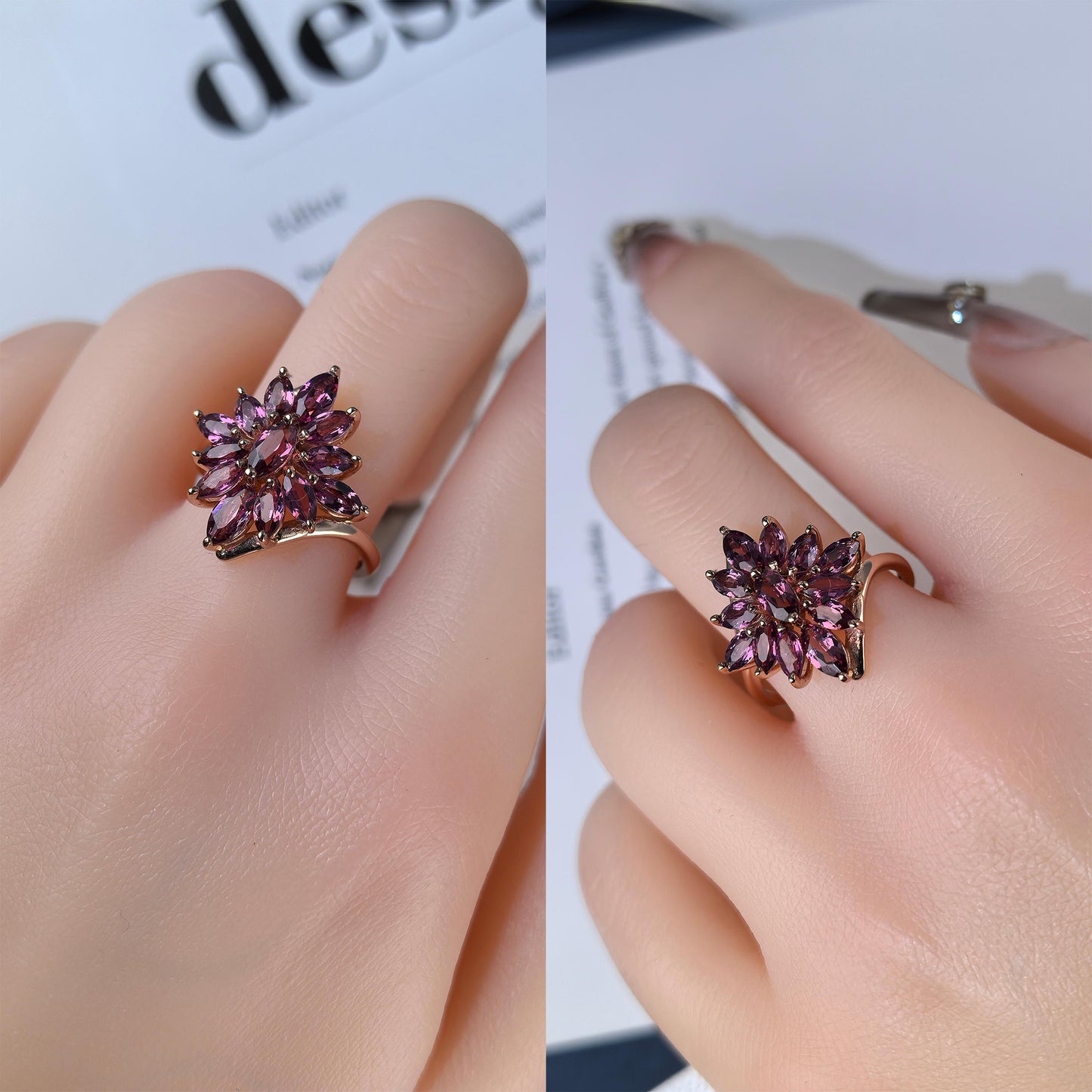 Gorgeous Rose Gold Plated Silver 925 Jewelry Natural Tourmaline/Pyrope Flower Ring