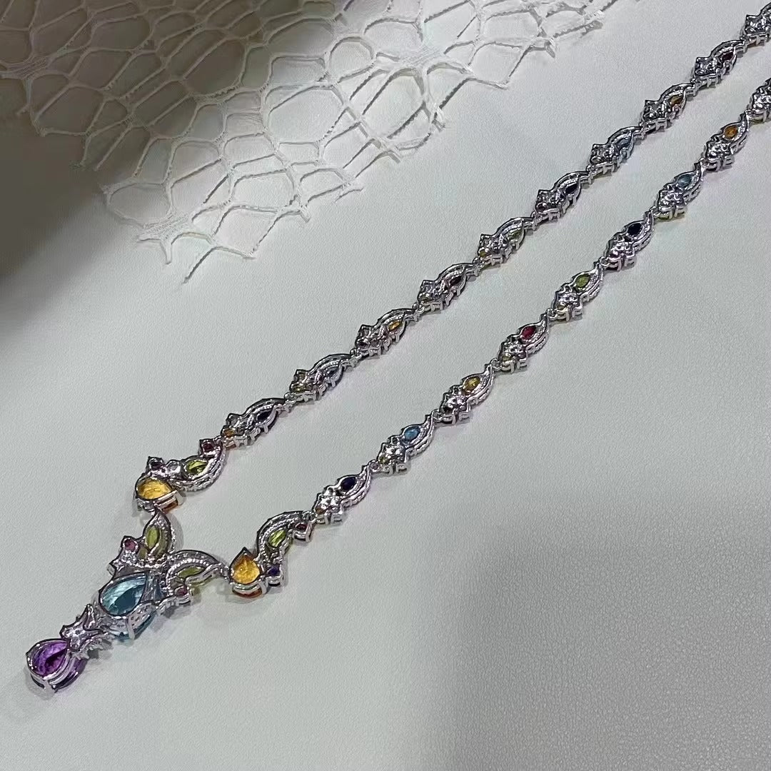 Luxurious Rhodium Plated Silver 925 Jewelry Multiple Natural Gemstone Necklace