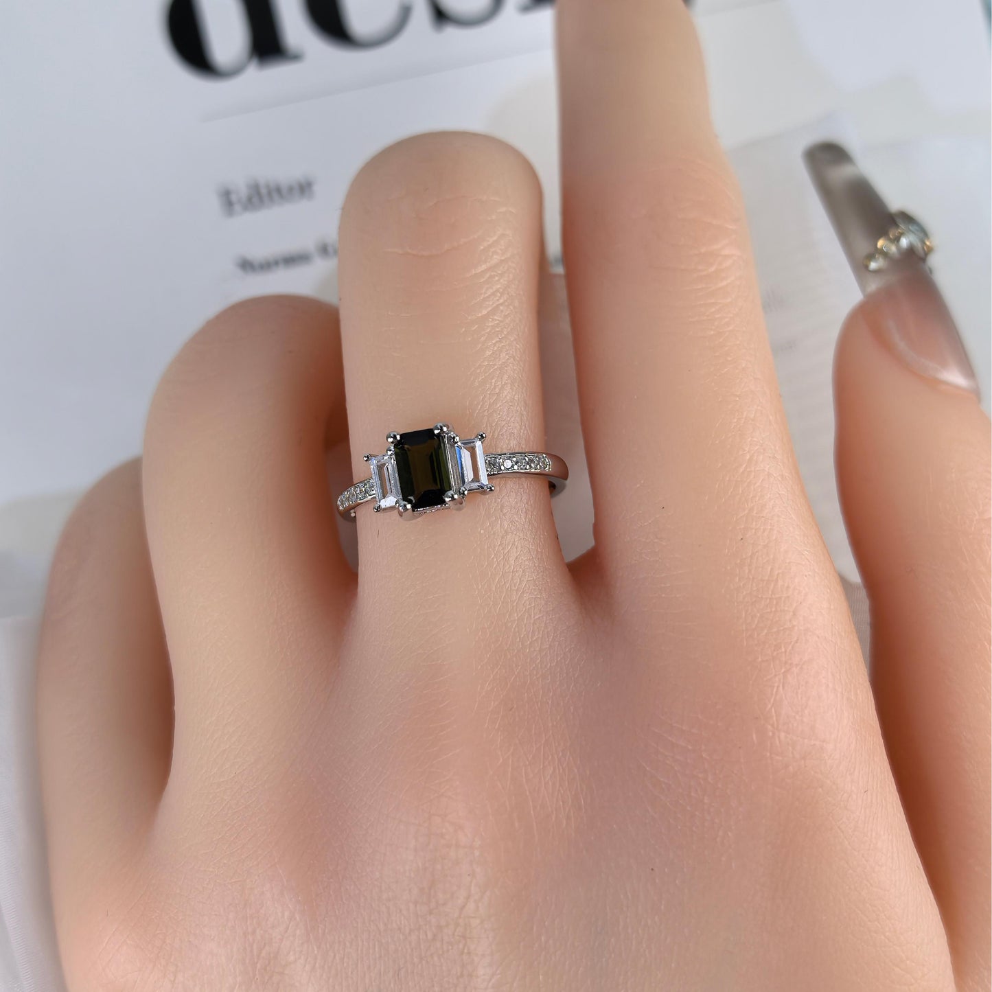 Silver 925 Jewelry Natural Tourmaline Gorgeous Rhodium Plated Emerald Cut Ring