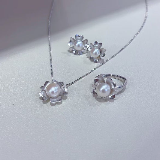 Elegant 925 Sterling Silver Freshwater Pearl Flower Jewelry Set Rhodium Plated