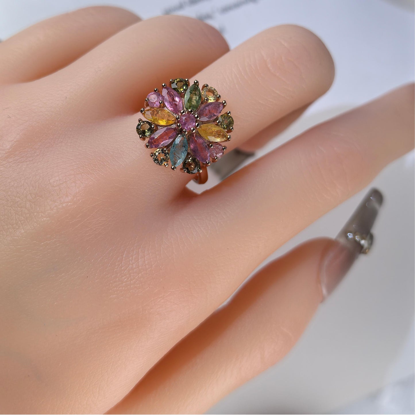 Charming Rose Gold Plated Silver 925 Jewelry Natural Tourmaline Flower Ring