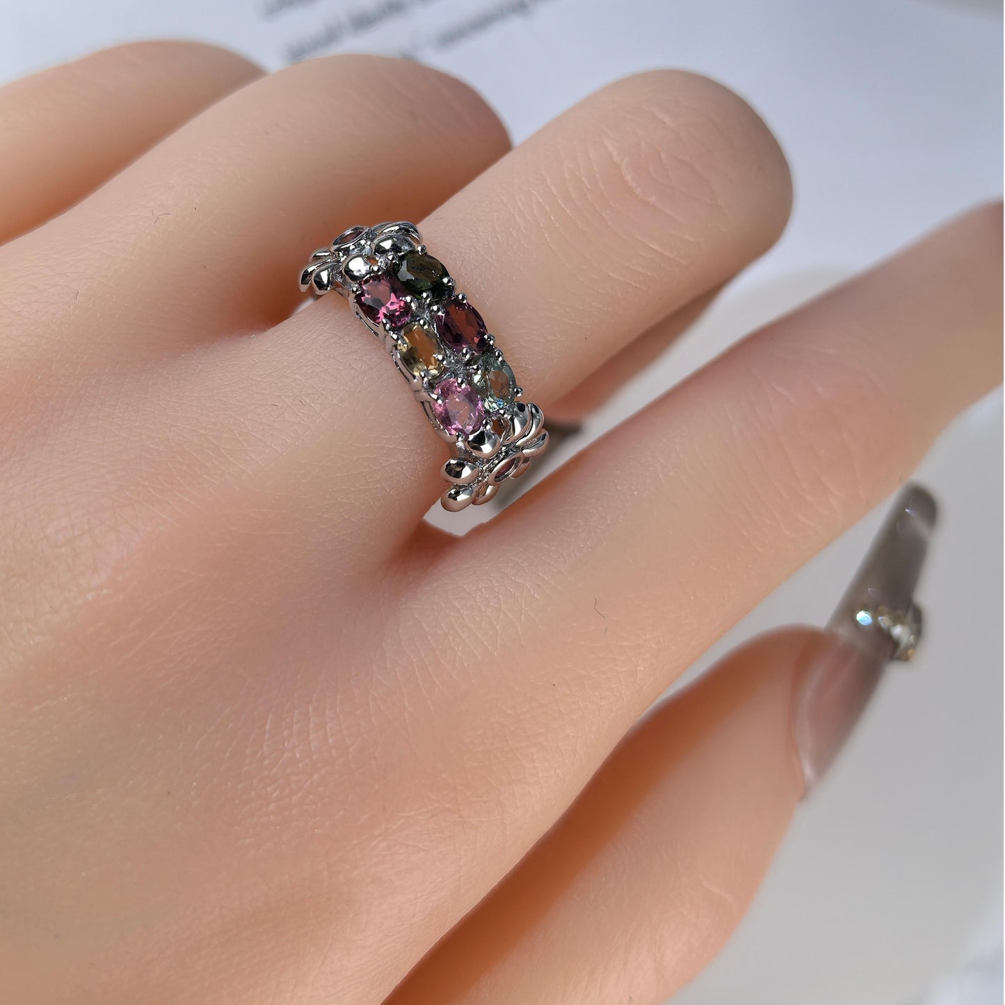 Graceful Women's Rhodium Plated Silver 925 Natural Tourmaline Flower Ring