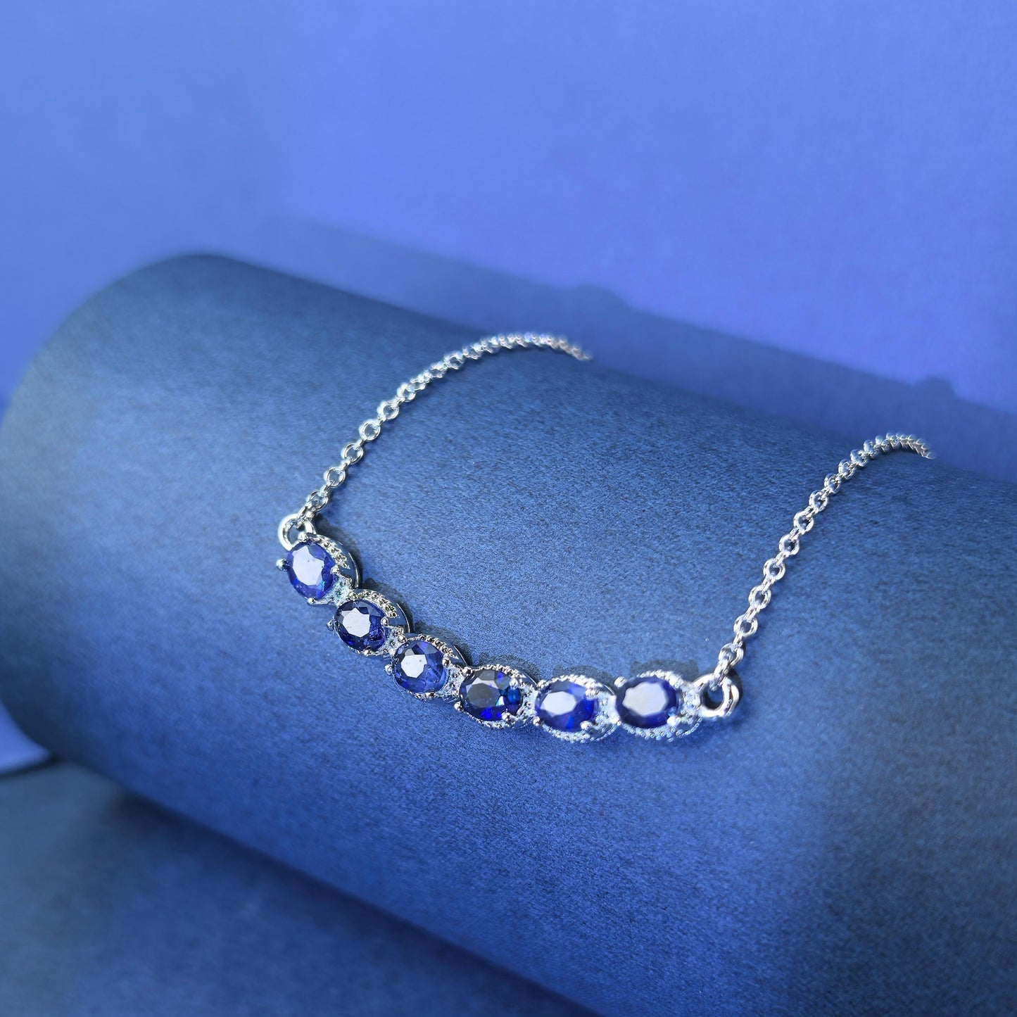 Elegant Rhodium Plated Silver 925 Jewelry Natural Sapphire Necklace